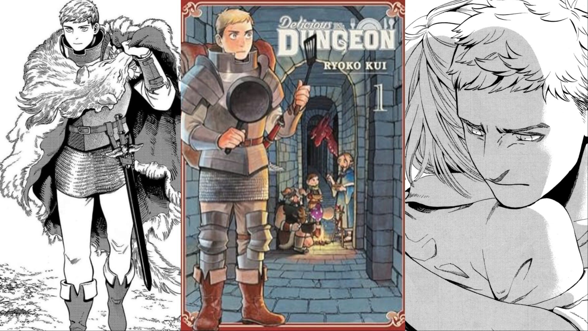 A collage of images showcasing panels and cover art from the manga Dungeon Meshi.