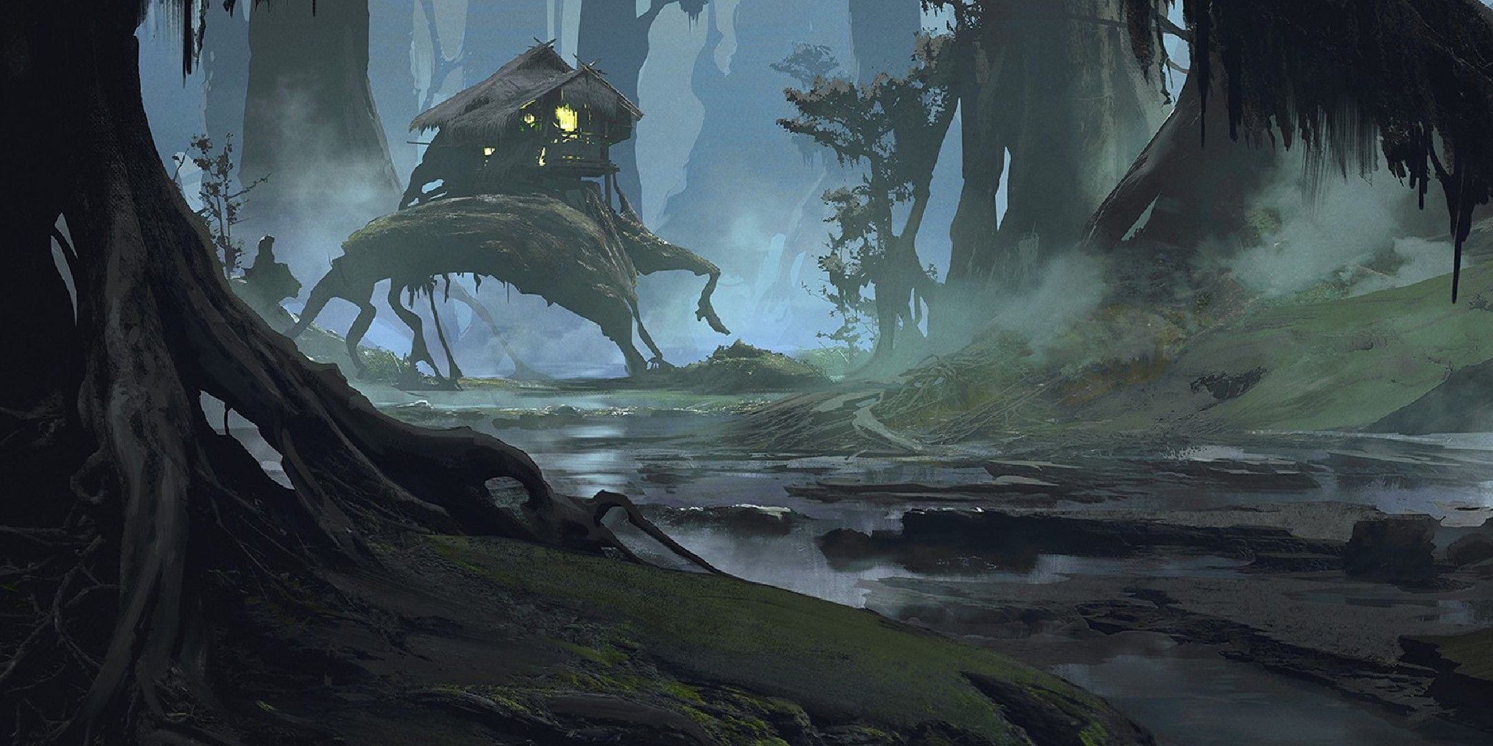 Dungeons & Dragons image showing a swamp with a walking house.