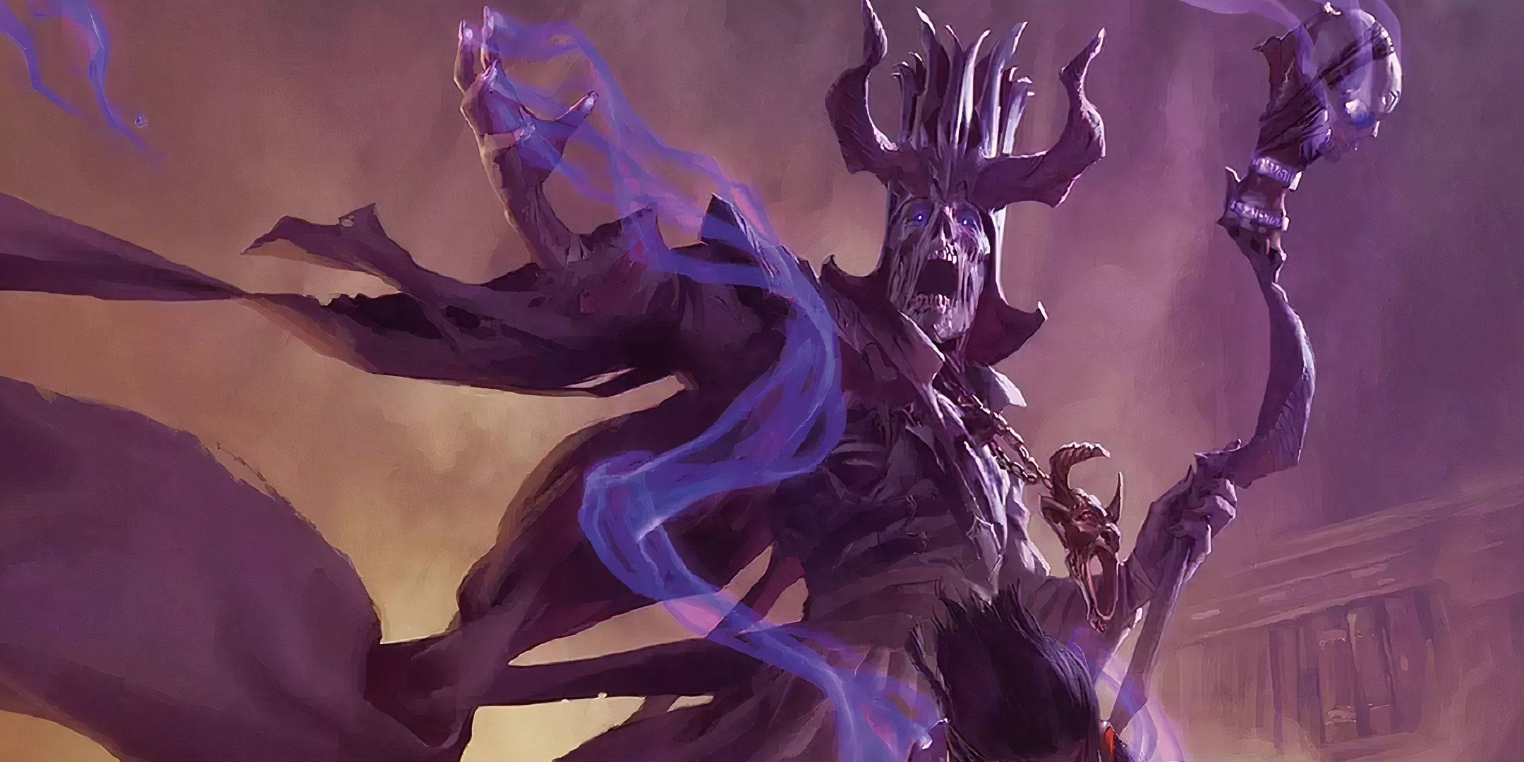 Dungeons & Dragons: Acererak raises their hands as they summon purple death power.