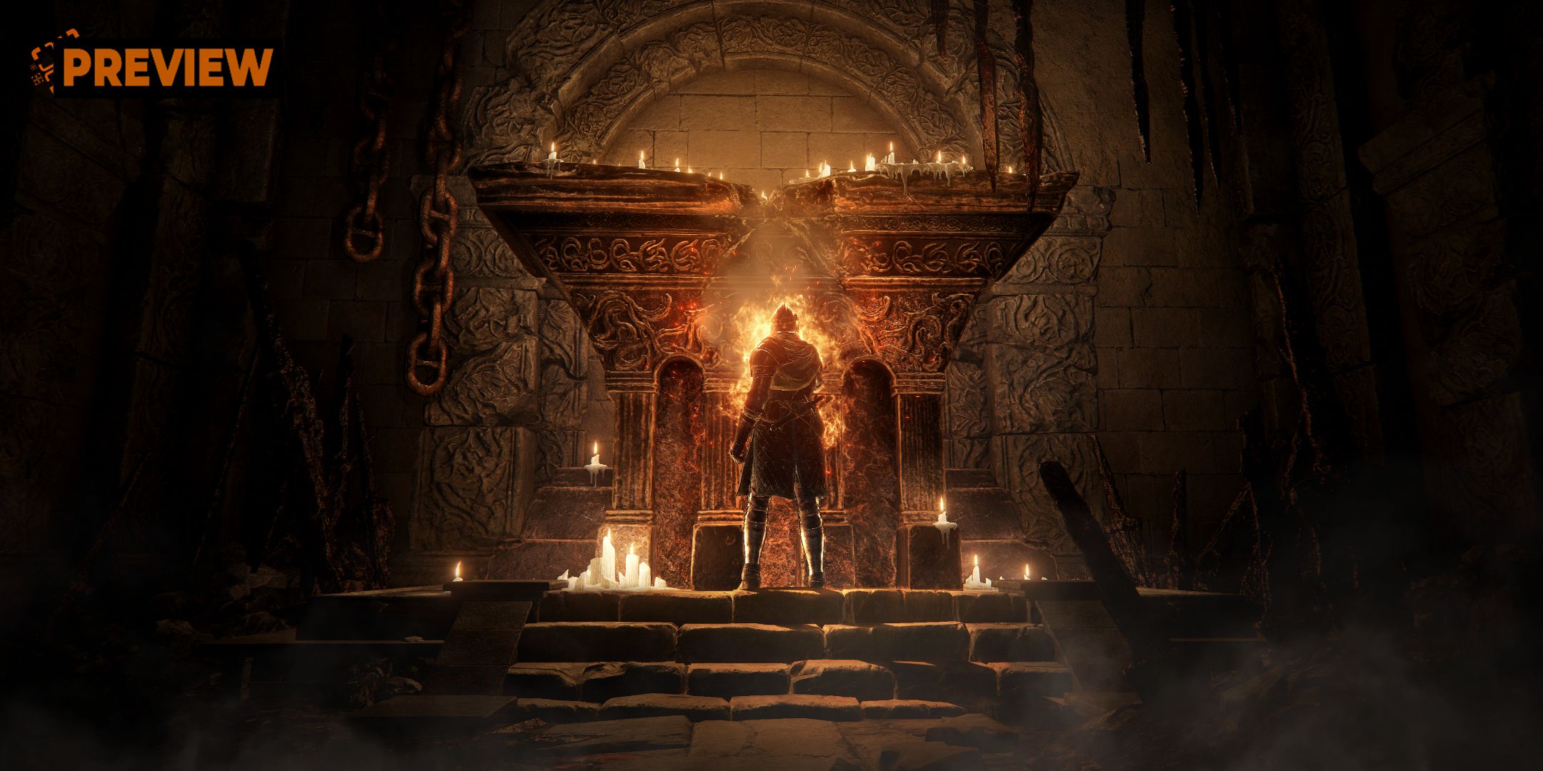 Elden Ring Shadow of the Erdtree DLC Preview Image - character stands in front of a flaming altar