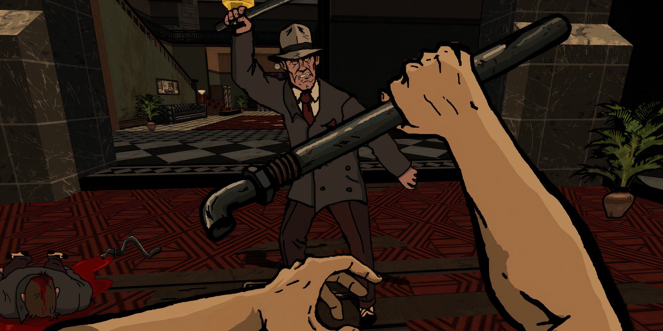 Fallen Aces A gangster swinging a crowbar at the protagonist