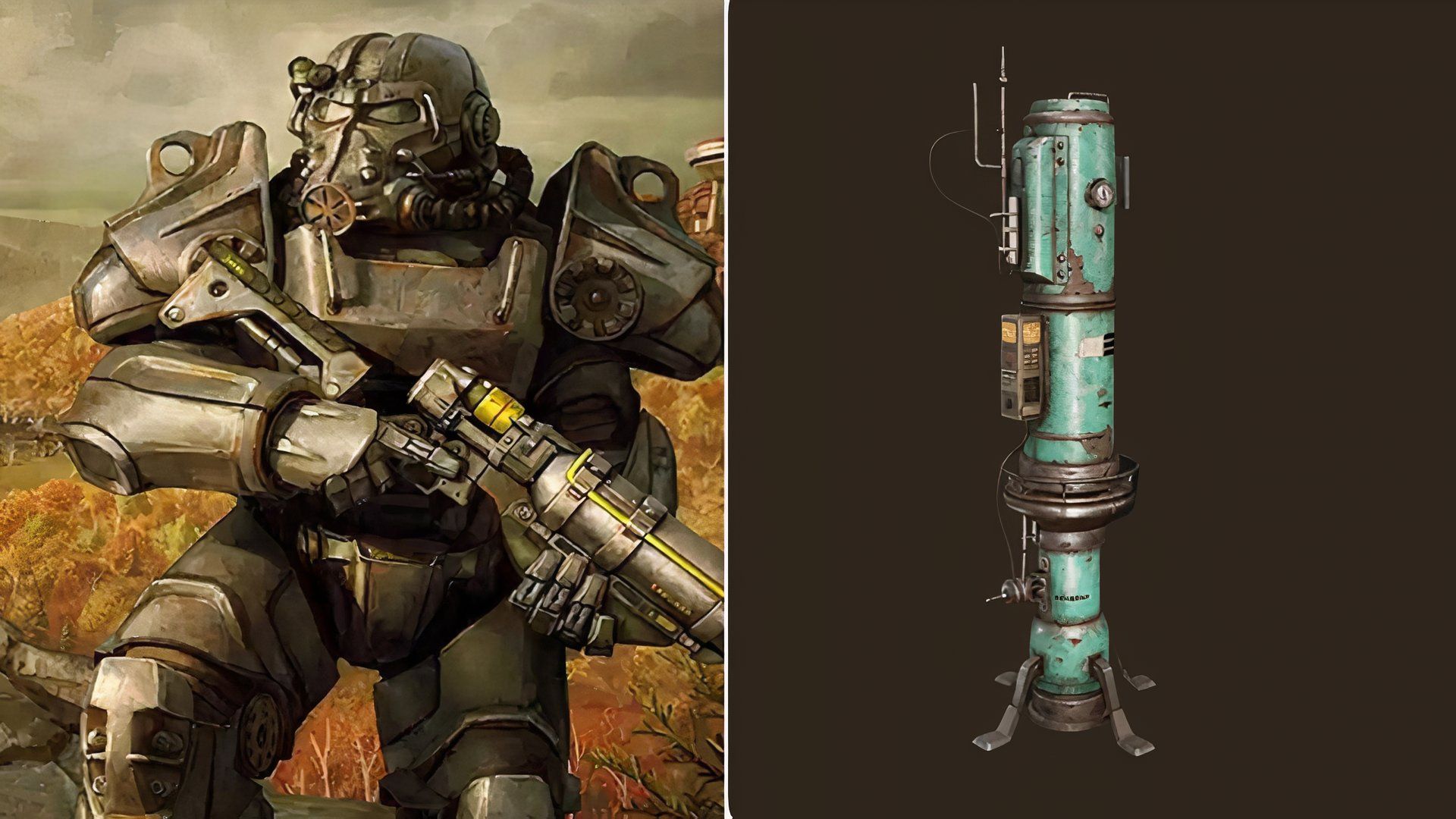 A split image of Power Armor, Weather Control Station in Skyline Valley