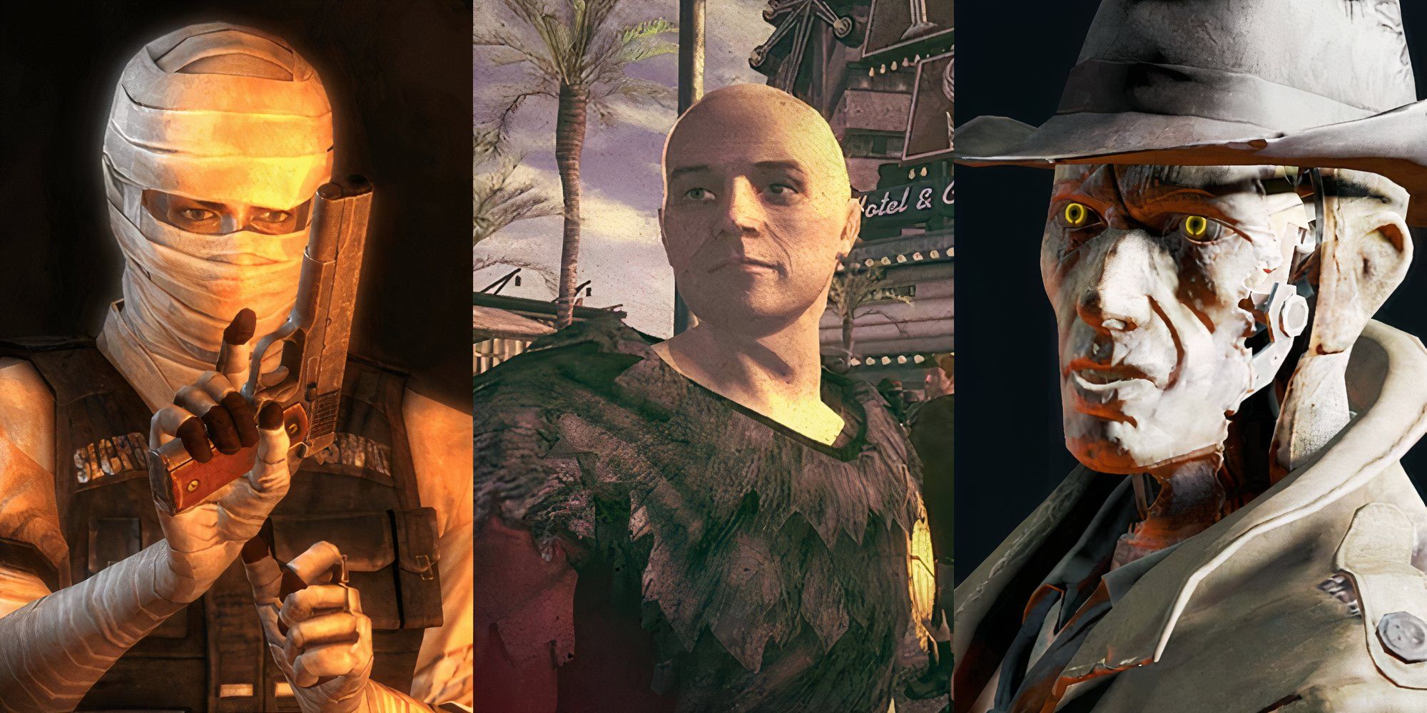 A  collage of characters from Fallout including Joshua Graham, Caesar and Nick Valentine