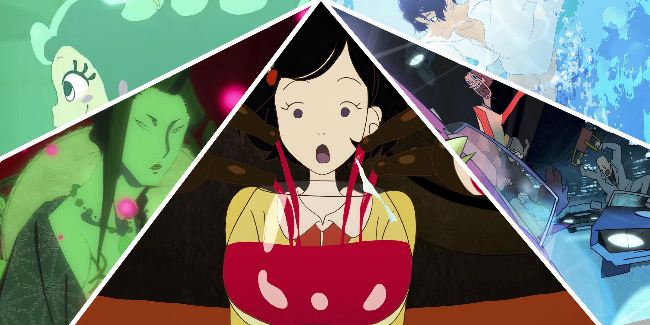 A collage of screenshots from Masaaki Yuasa's movies. 