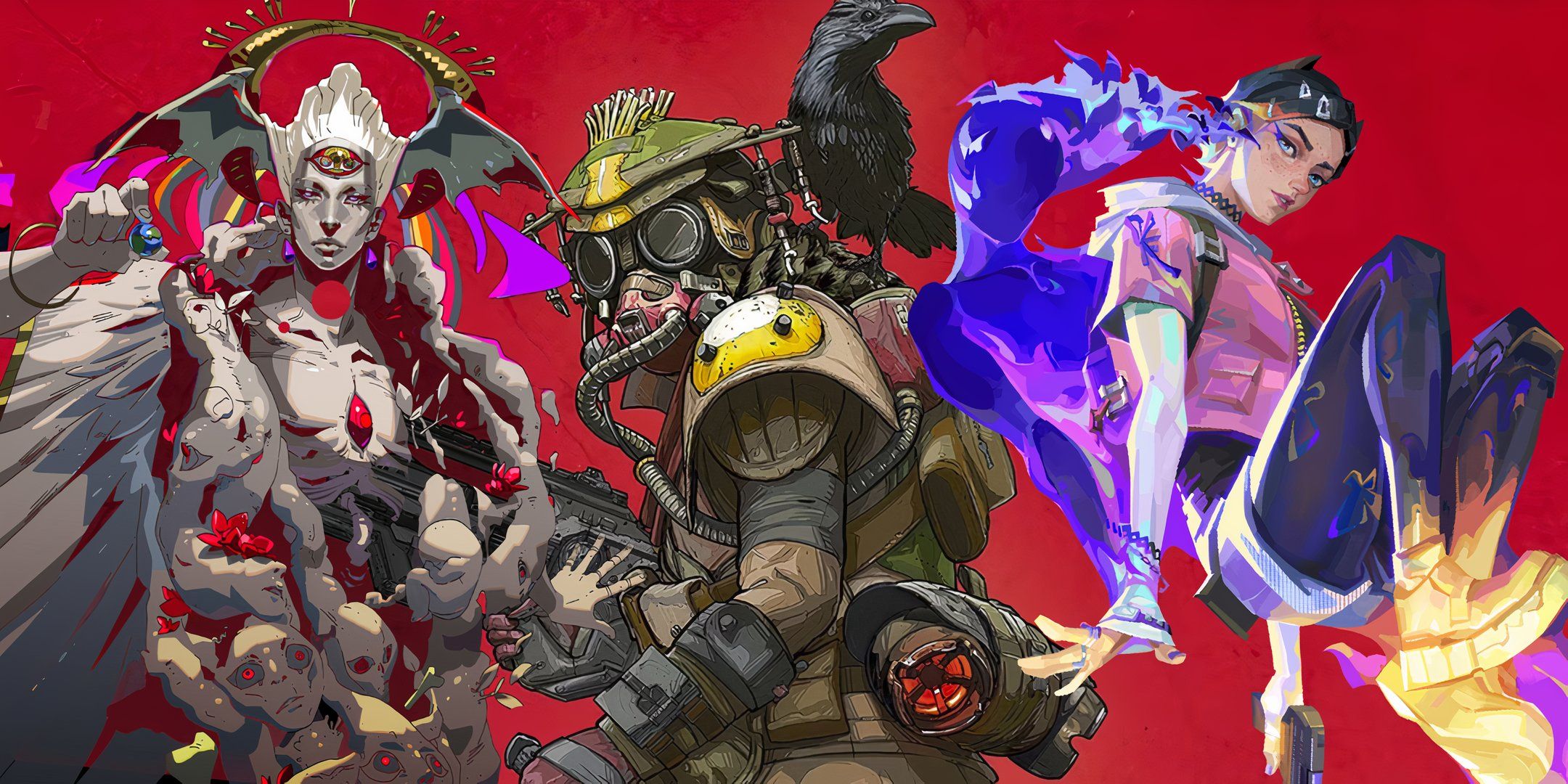 Primordial Chaos from Hades, Bloodhound from Apex Legends, and Clove from Valorant on a red background.