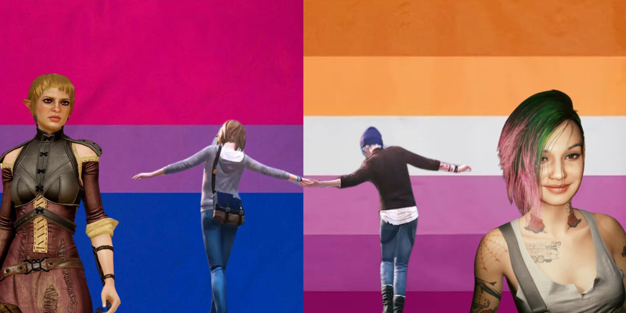 Sera from Dragon Age, Max and Chloe from Life is Strange, and Judy from Cyberpunk overlaying bisexual and lesbian flags