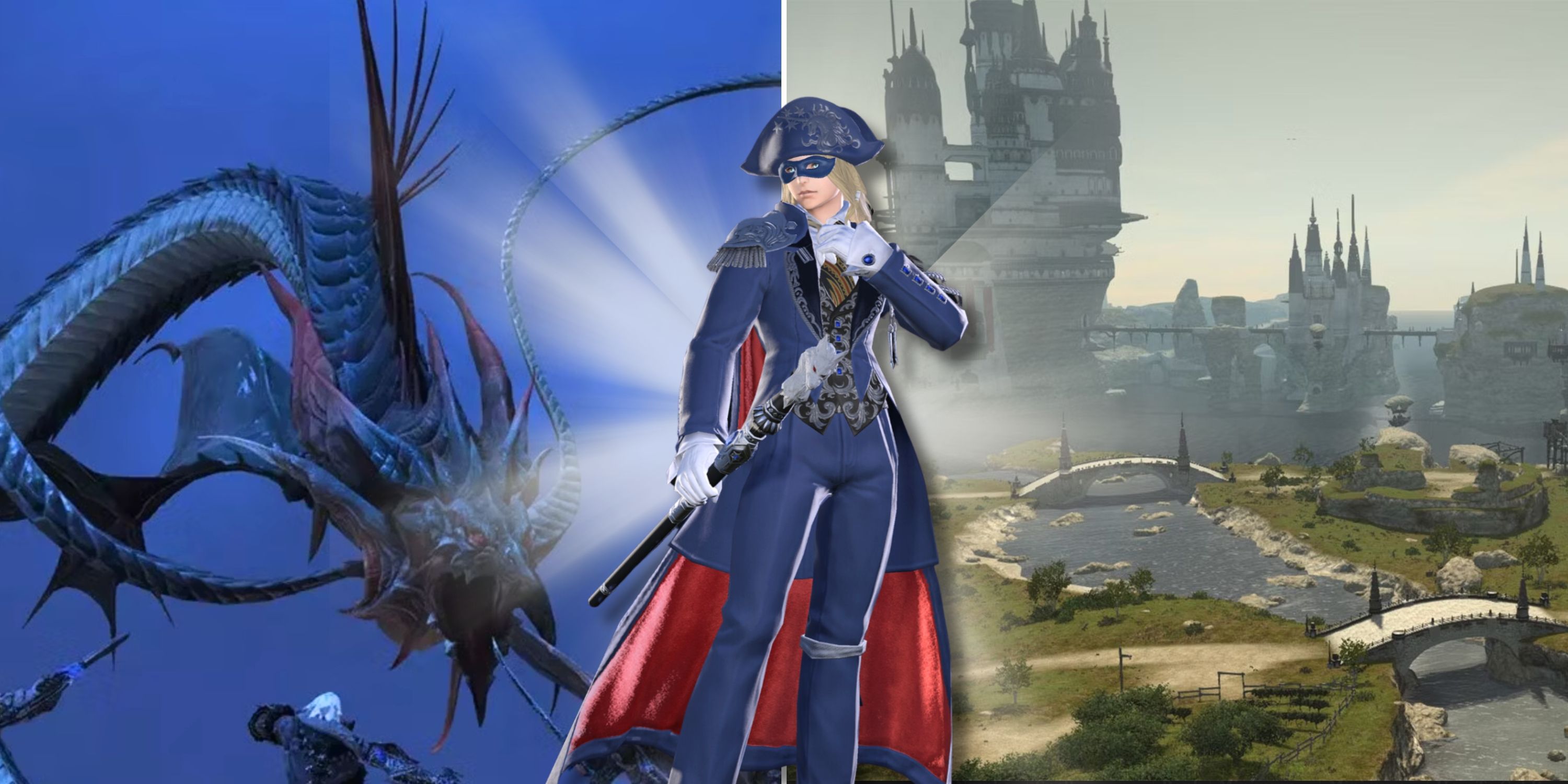 Collage image featuring a blue mage in front of a split image of a dragon and a castle from Final Fantasy 14