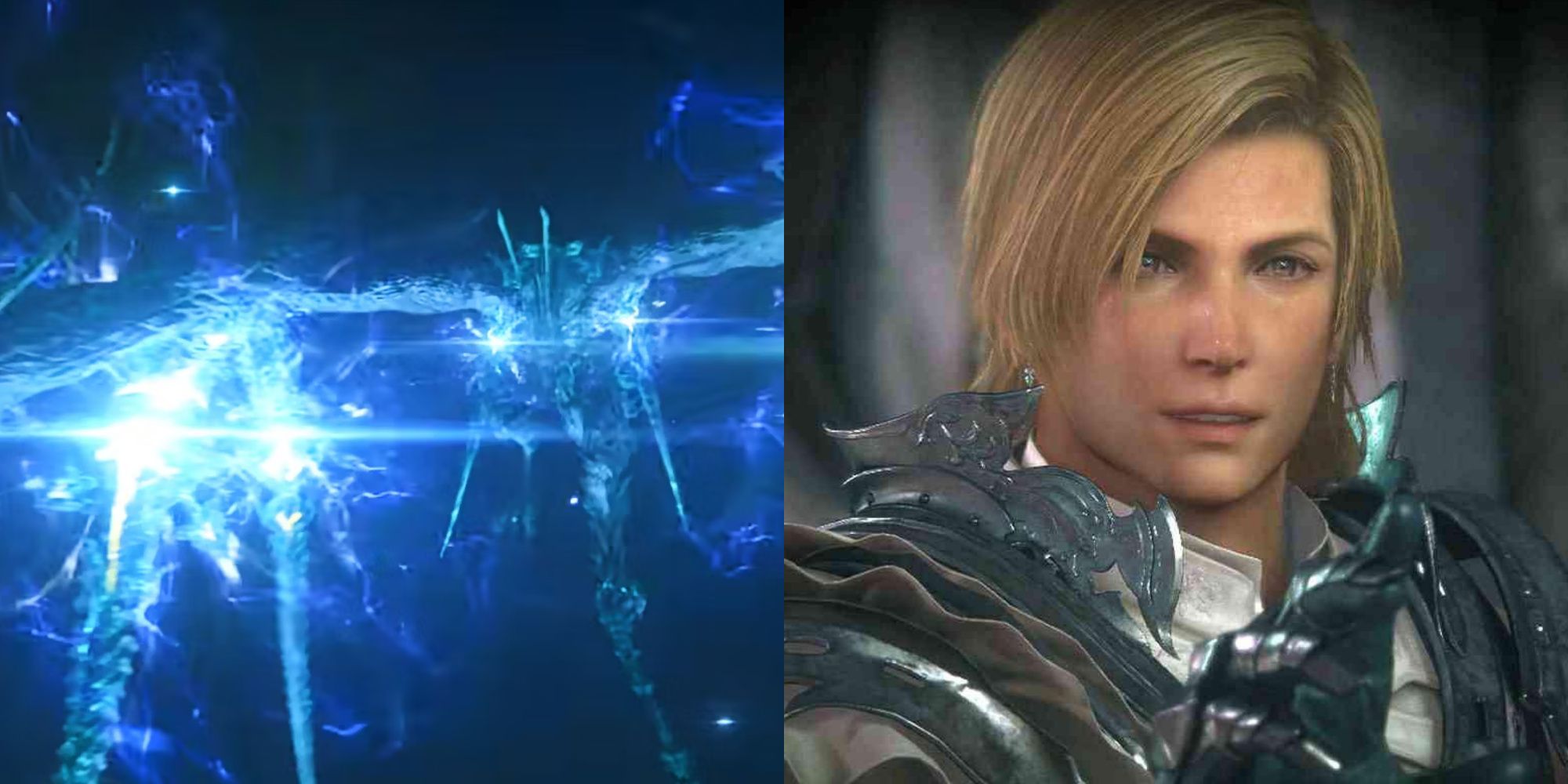 Bahamut readies a barrage of light (left), Dion Lesage reaches towards the camera (right) from Final Fantasy 16