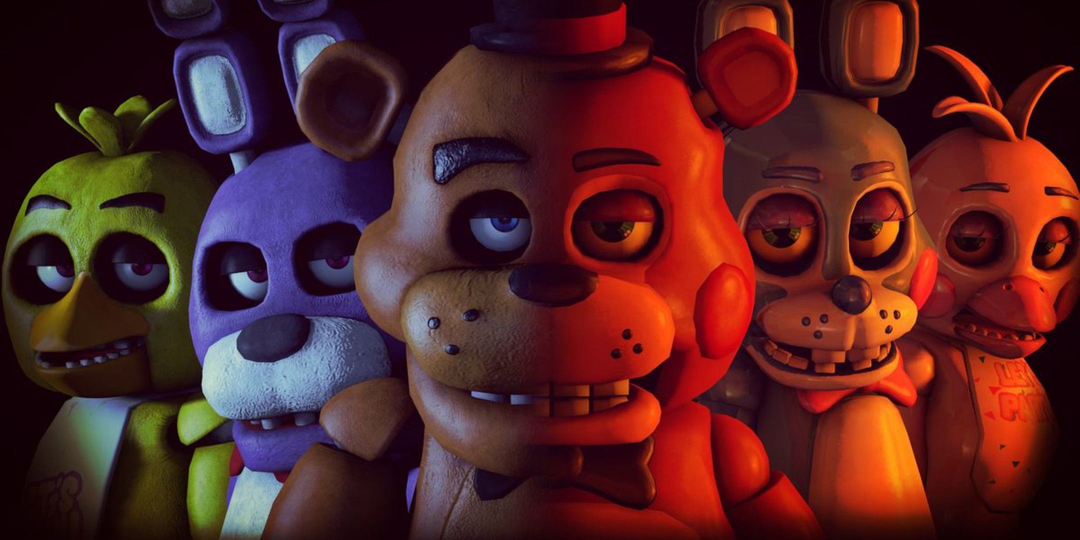 Freddy Fazbear and various animal animatronics stood in a line