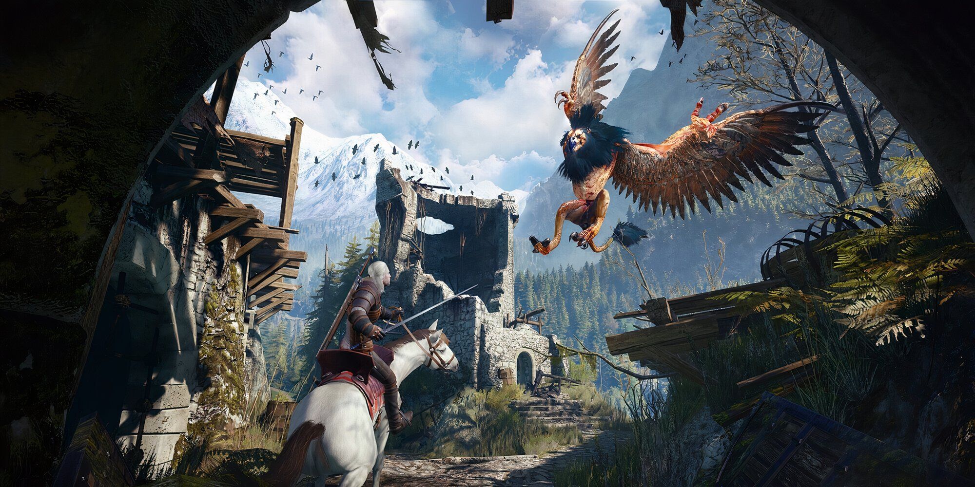 Geralt fighting a Gryffon in The Witcher 3: Wild Hunt.