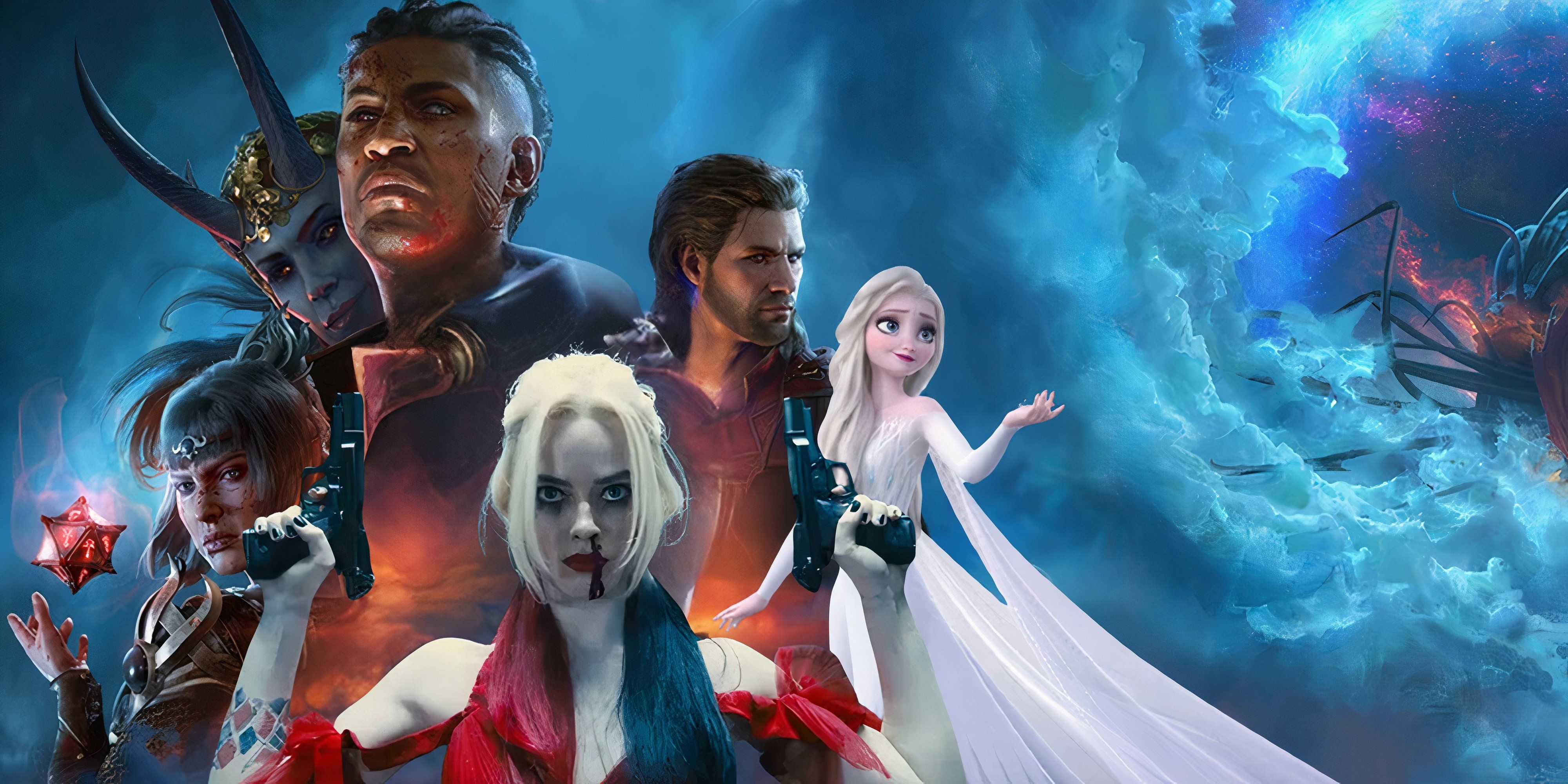 Harley Quinn and Elsa in the classic Baldur's Gate 3 key art in place of Astarion and Lae'zel