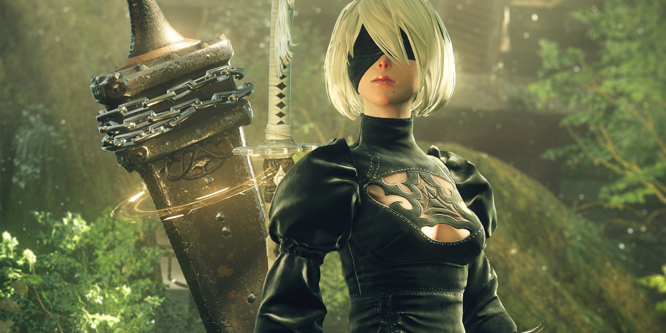 2B stands in a forest with two swords. 