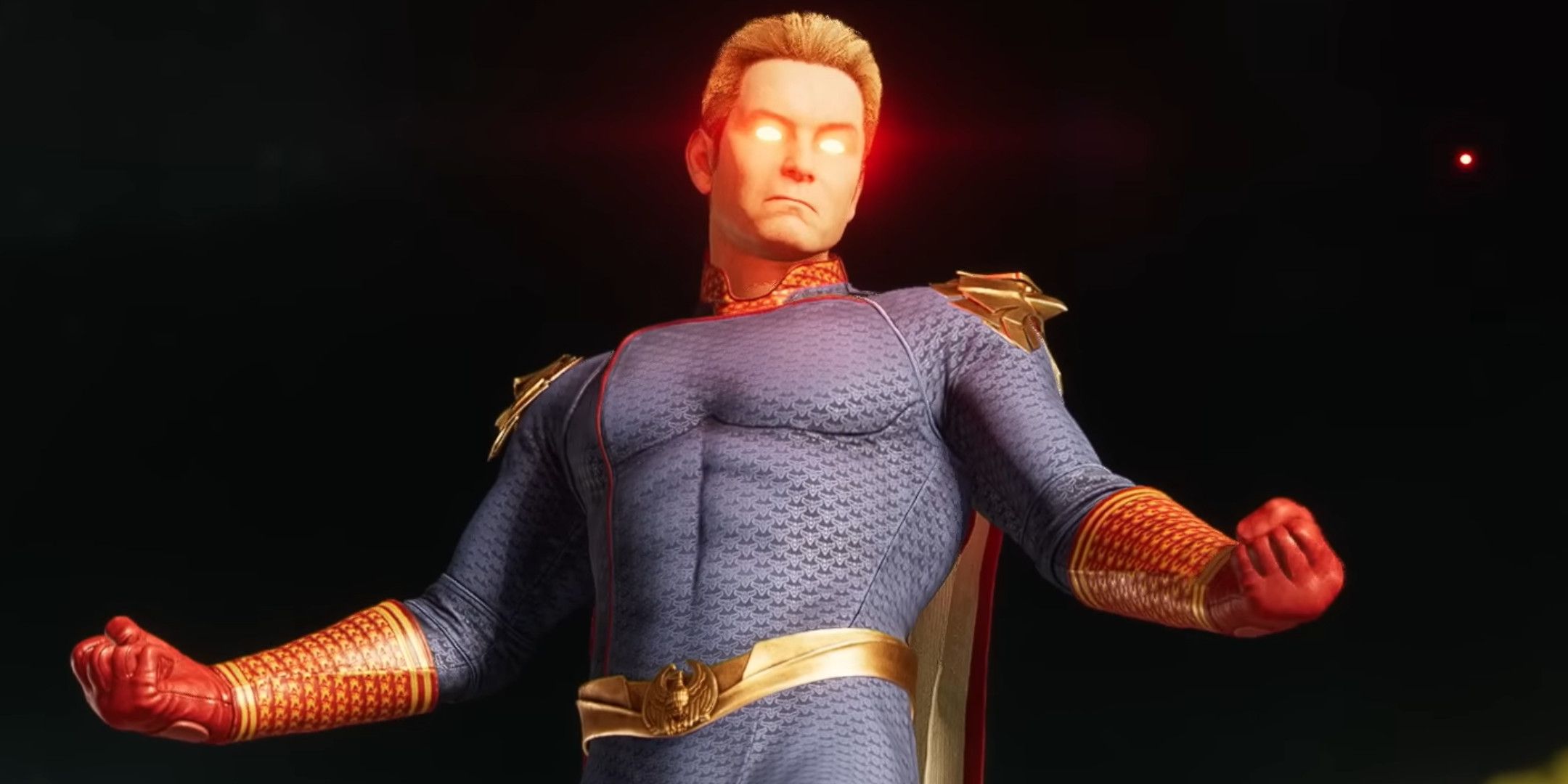 Homelander floating in the air with glowing red eyes in Mortal Kombat 1