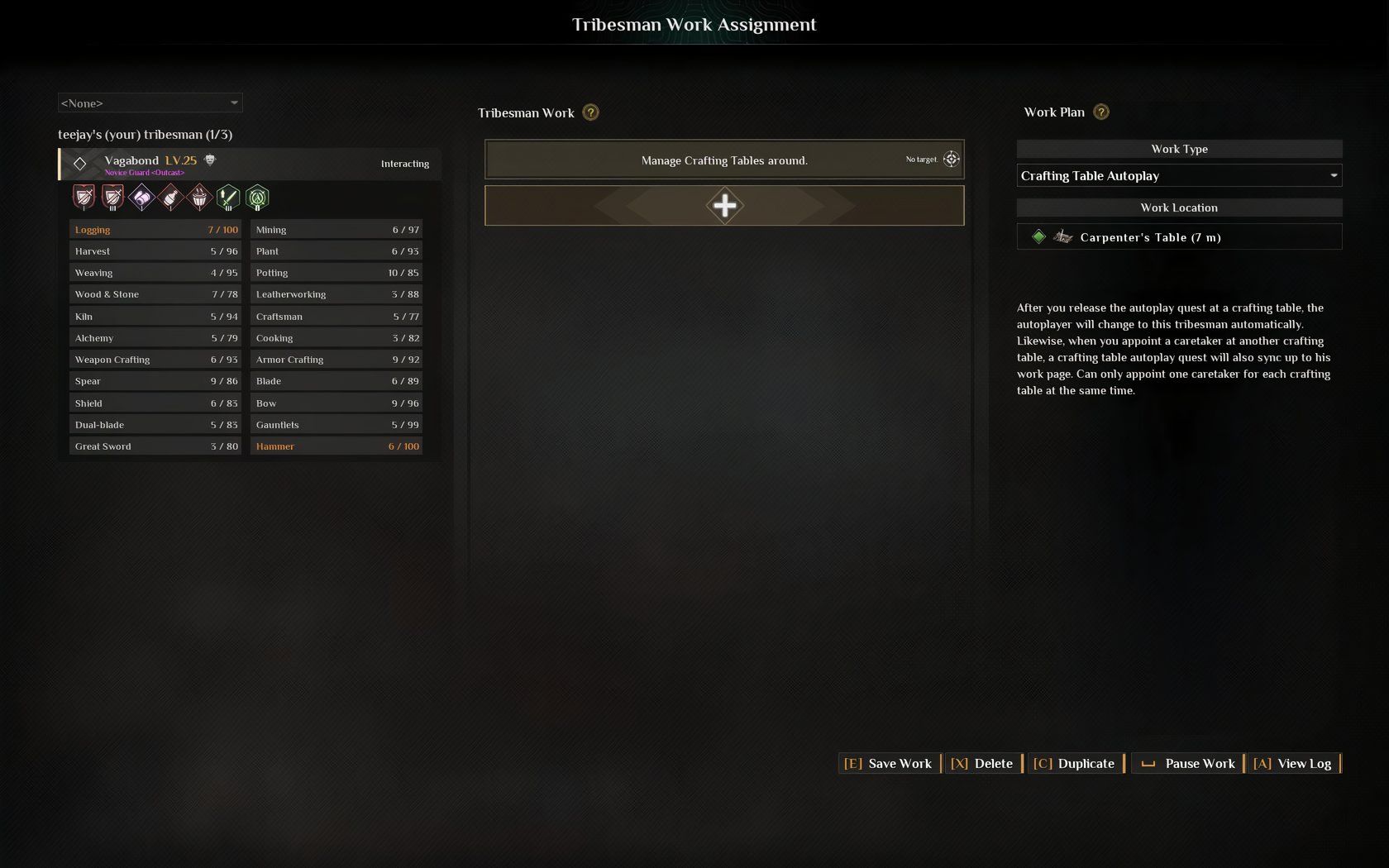 The work page of an NPC assigned to Crafting Table in Soulmask.