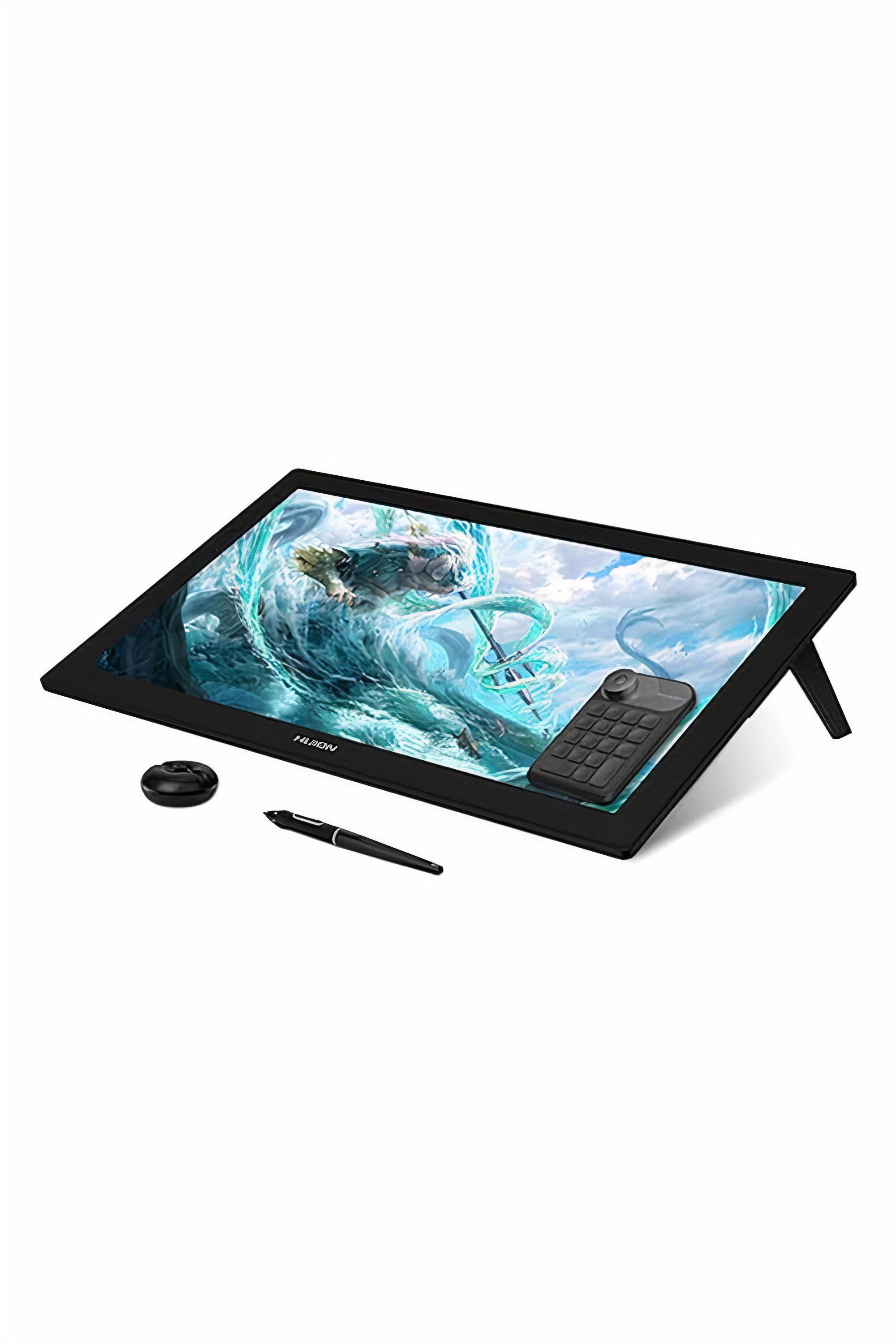 A black Huion Kamvas Pro 24 drawing tablet with a stylus, dial controller, and keyboard express key remote. 