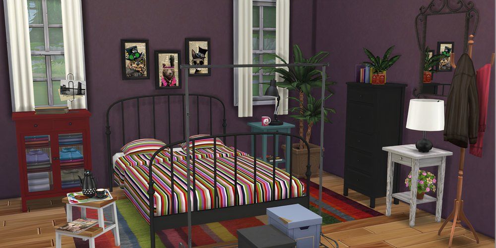 Screenshot of a bedroom using furniture from the Ikea bedroom set for The Sims 4