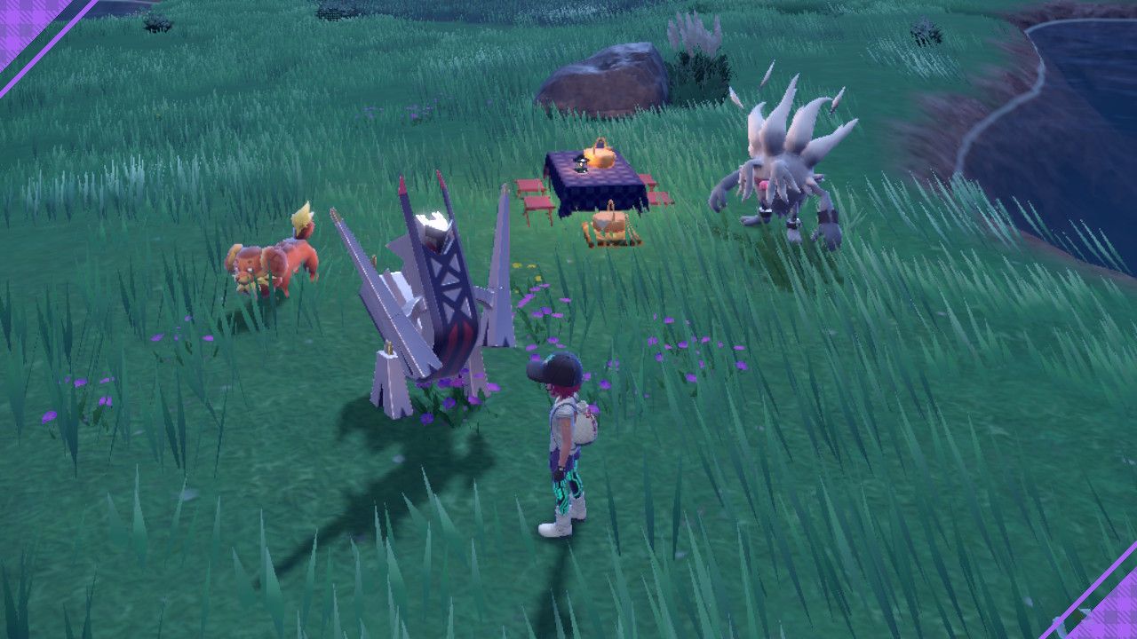 A screenshot of a picnic in Pokemon Violet with Badgerbun, Archaludon and Annihilape