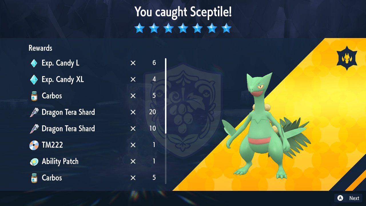 A screenshot of the image from catching a 7 star Sceptile in Pokemon Scarlet &amp; Violet.
