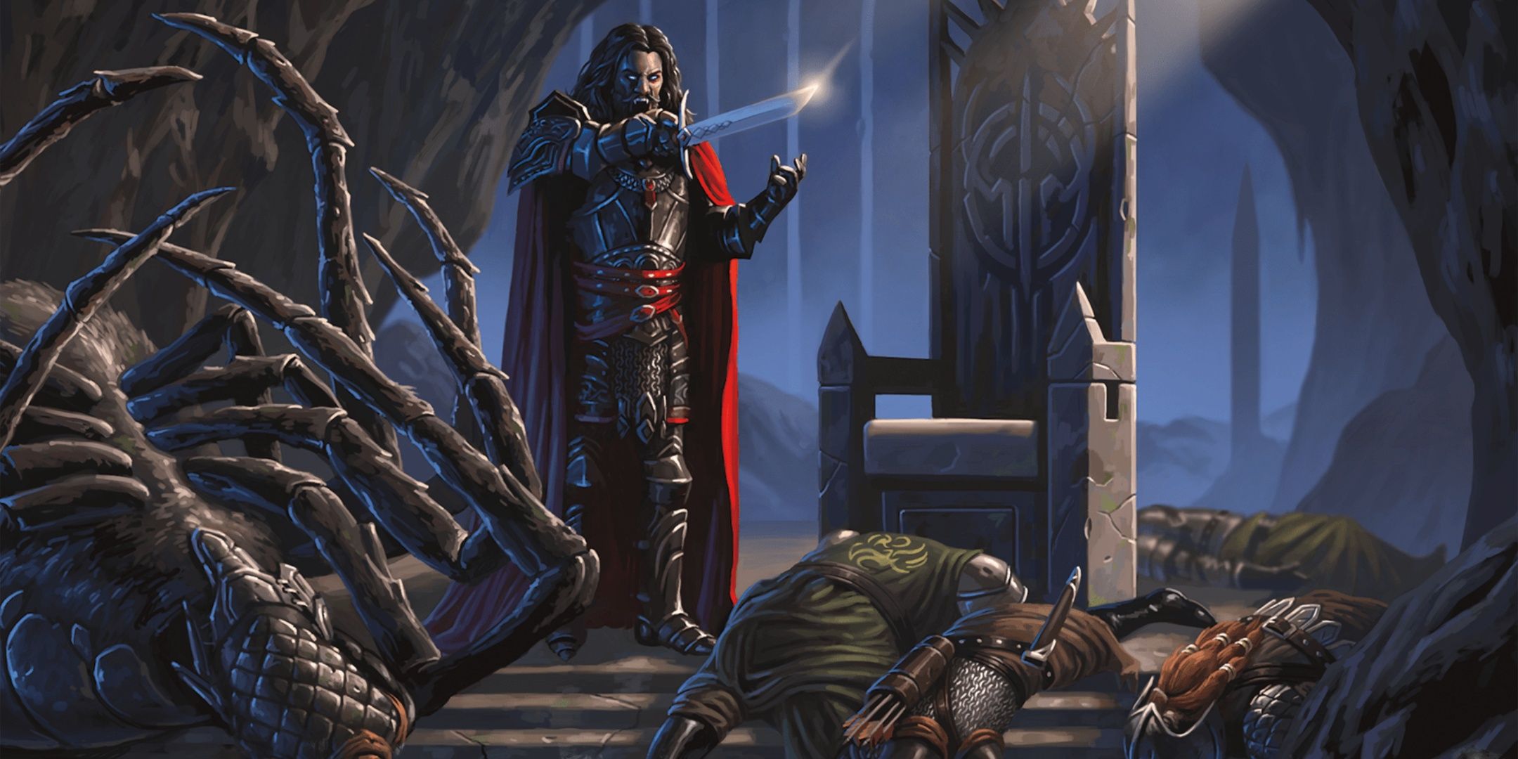 Kas lifting his sword and surrounded by fallen enemies, from Dungeons & Dragons.