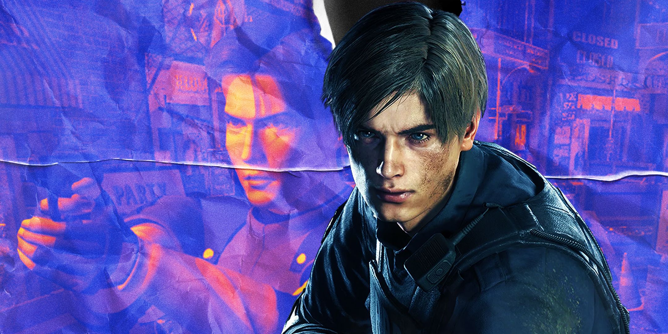 Leon Kennedy in the Resident Evil 2 remake with original RE2 Leon in the background in a menacing shade of purple