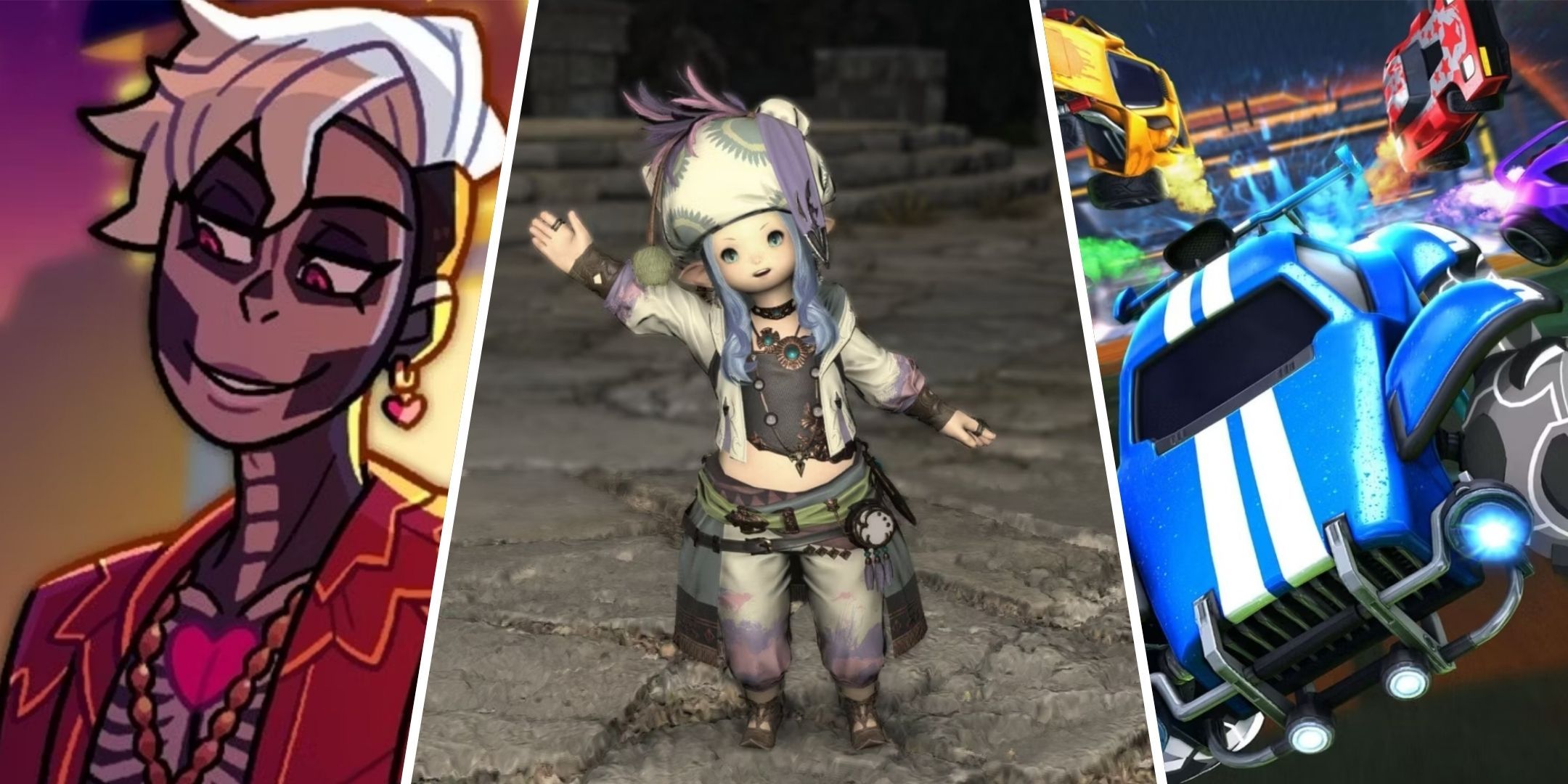 An split image featured Milo from Monster Prom, a Lalafell from Final Fantasy 14 and cars from Rocket League.