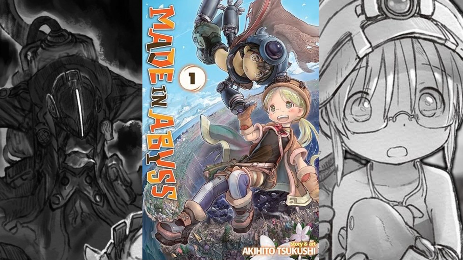 A collage of images showcasing panels and cover art from the manga Made In Abyss.