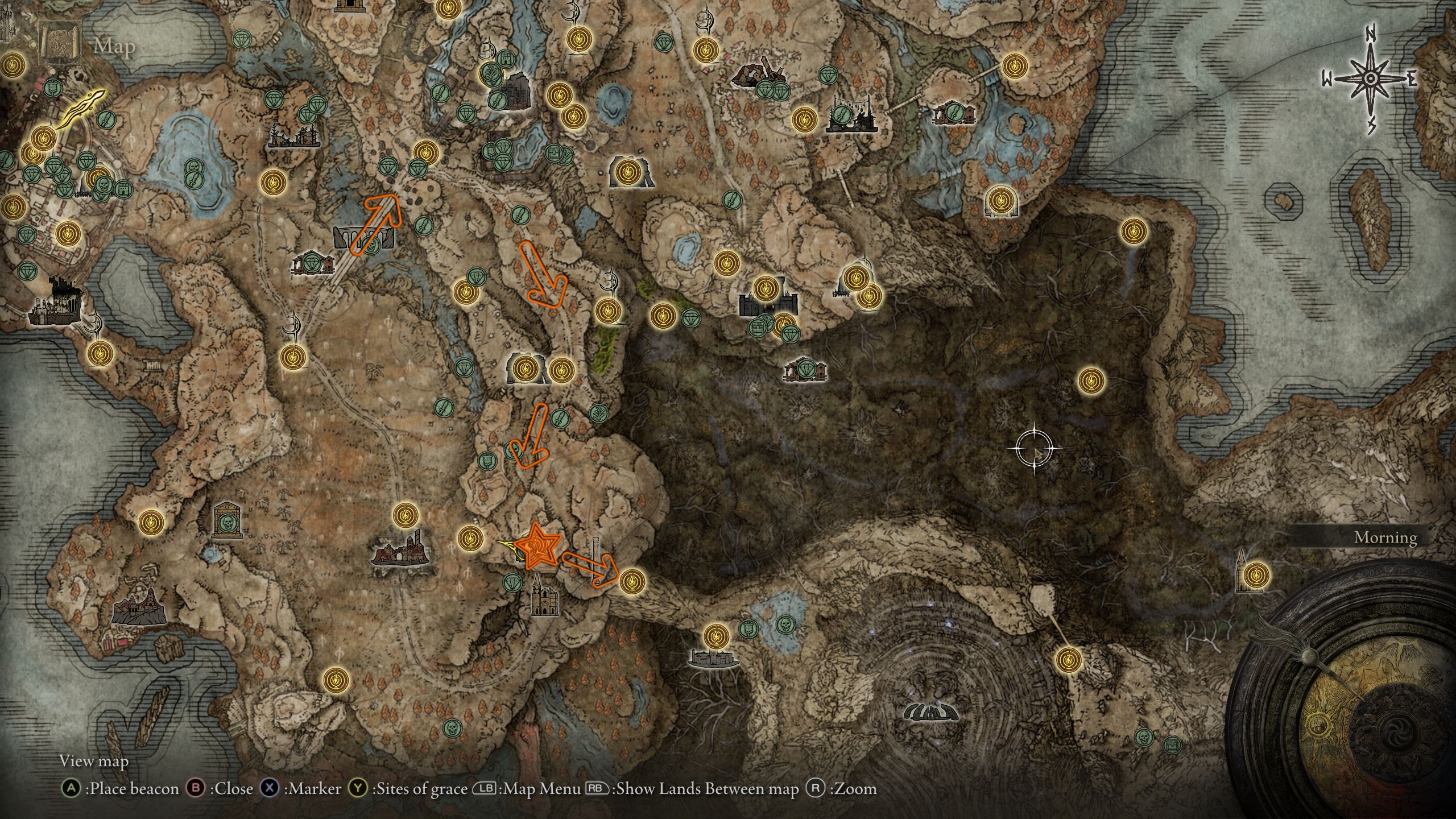 Map showing the directions to reach the Jagged Peak - Elden Ring Shadow of the Erdtree