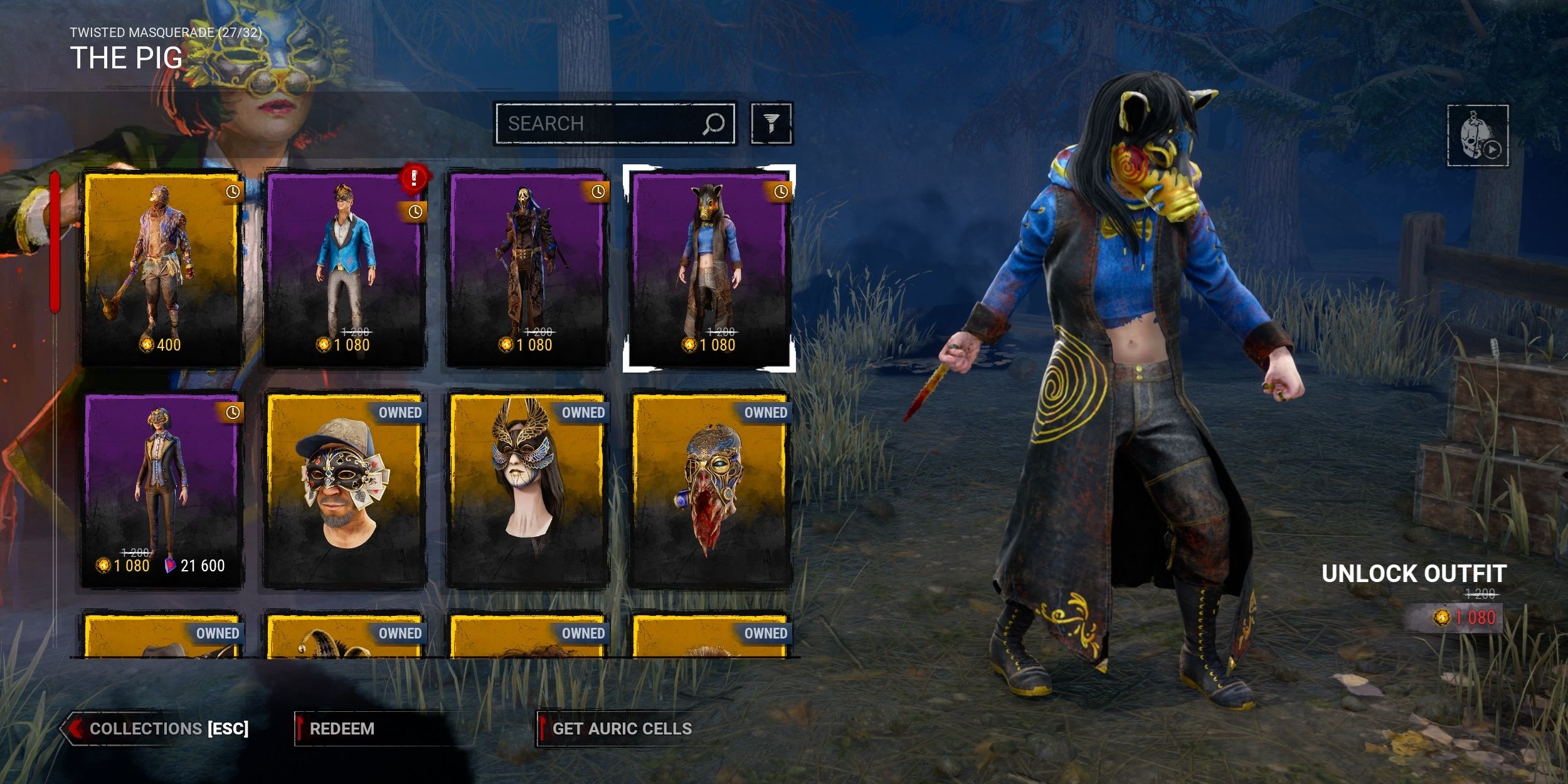 The Pig in a blue and gold mask, blue cutoff hoodie, jeans, boots and a gold-decorated black coat, in Dead by Daylight