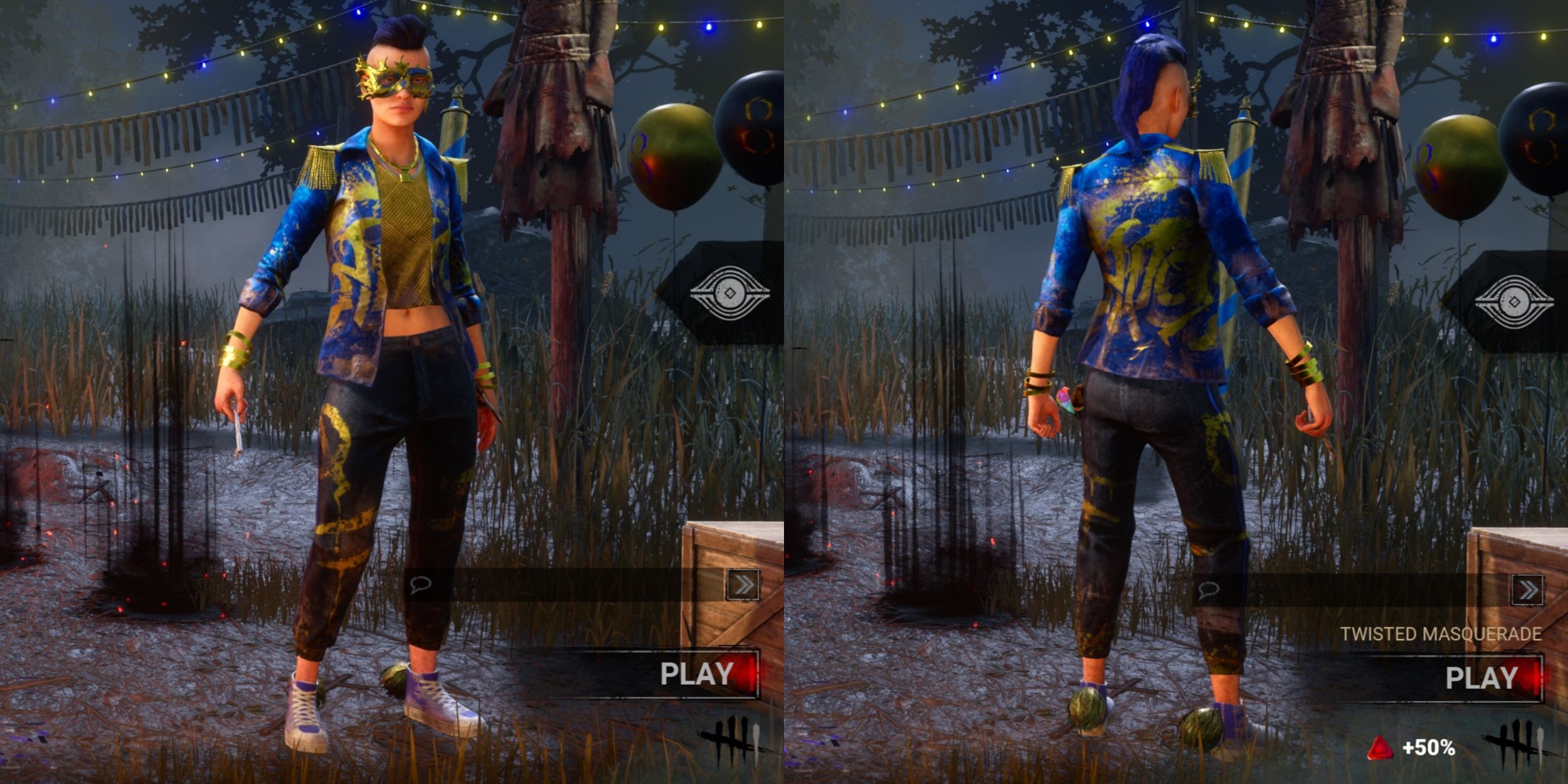 Nea in her Twisted Masquerade outfit, front and back, from Dead by Daylight