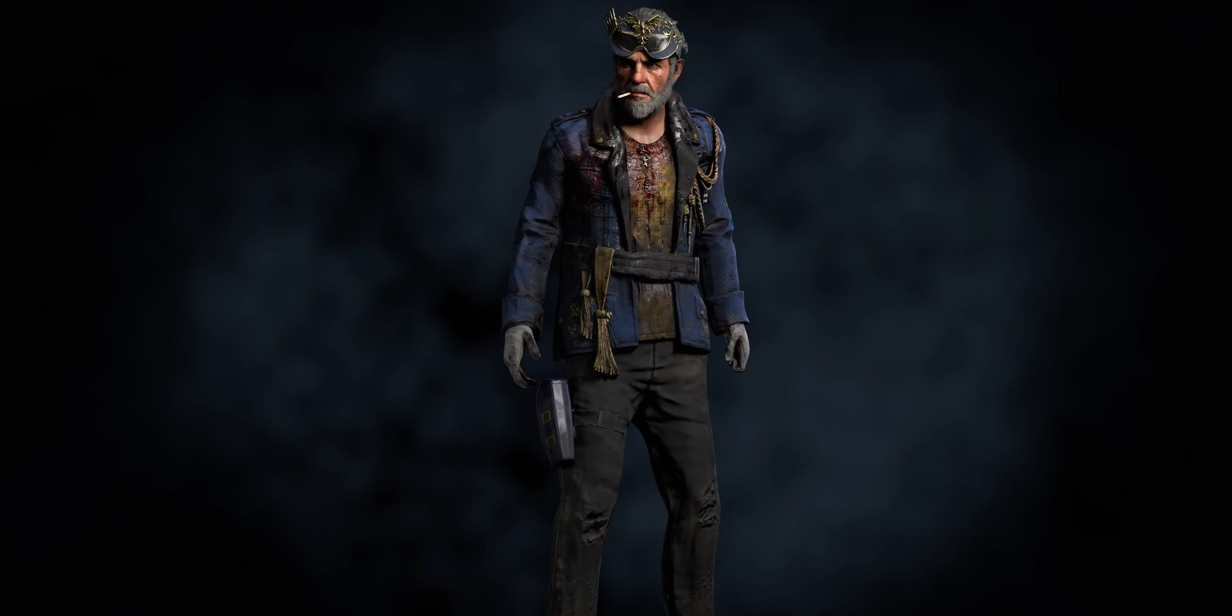 Bill in a bloodied blue jacket decorated in gold, in Dead by Daylight