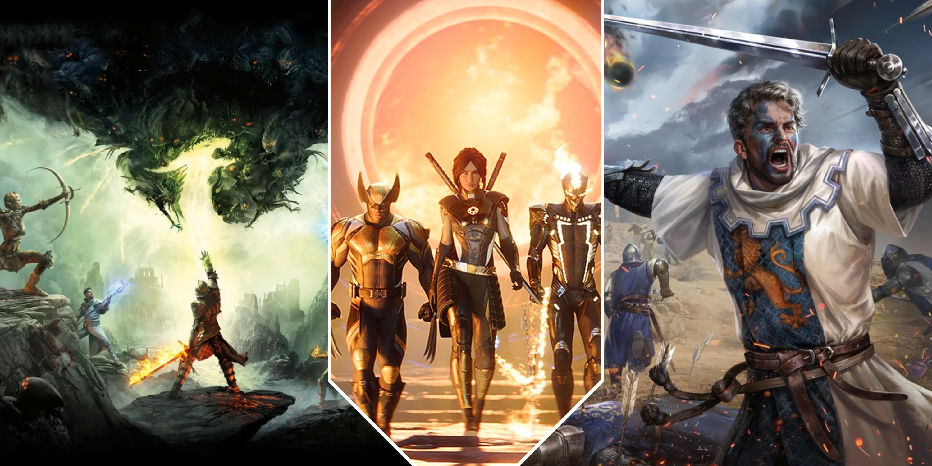 Collage image featuring Dragon Age Inquisition, Midnight Suns, and Chivalry 2 cover art