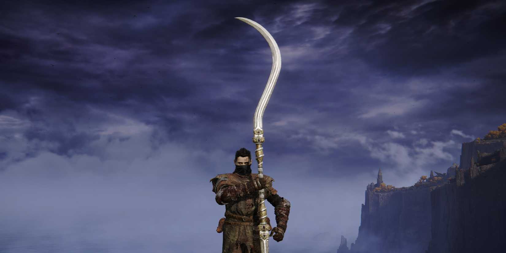 The Tarnished holds the Godskin Peeler and uses the By My Sword Gesture in Elden Ring.