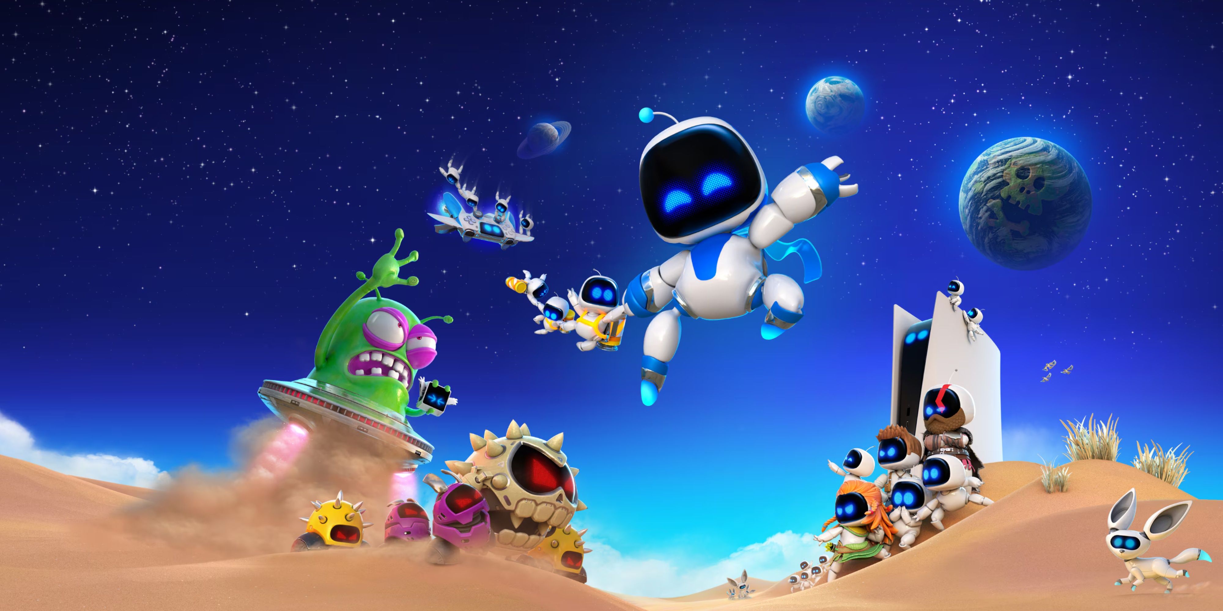 astro bot in the desert with enemies and other bots