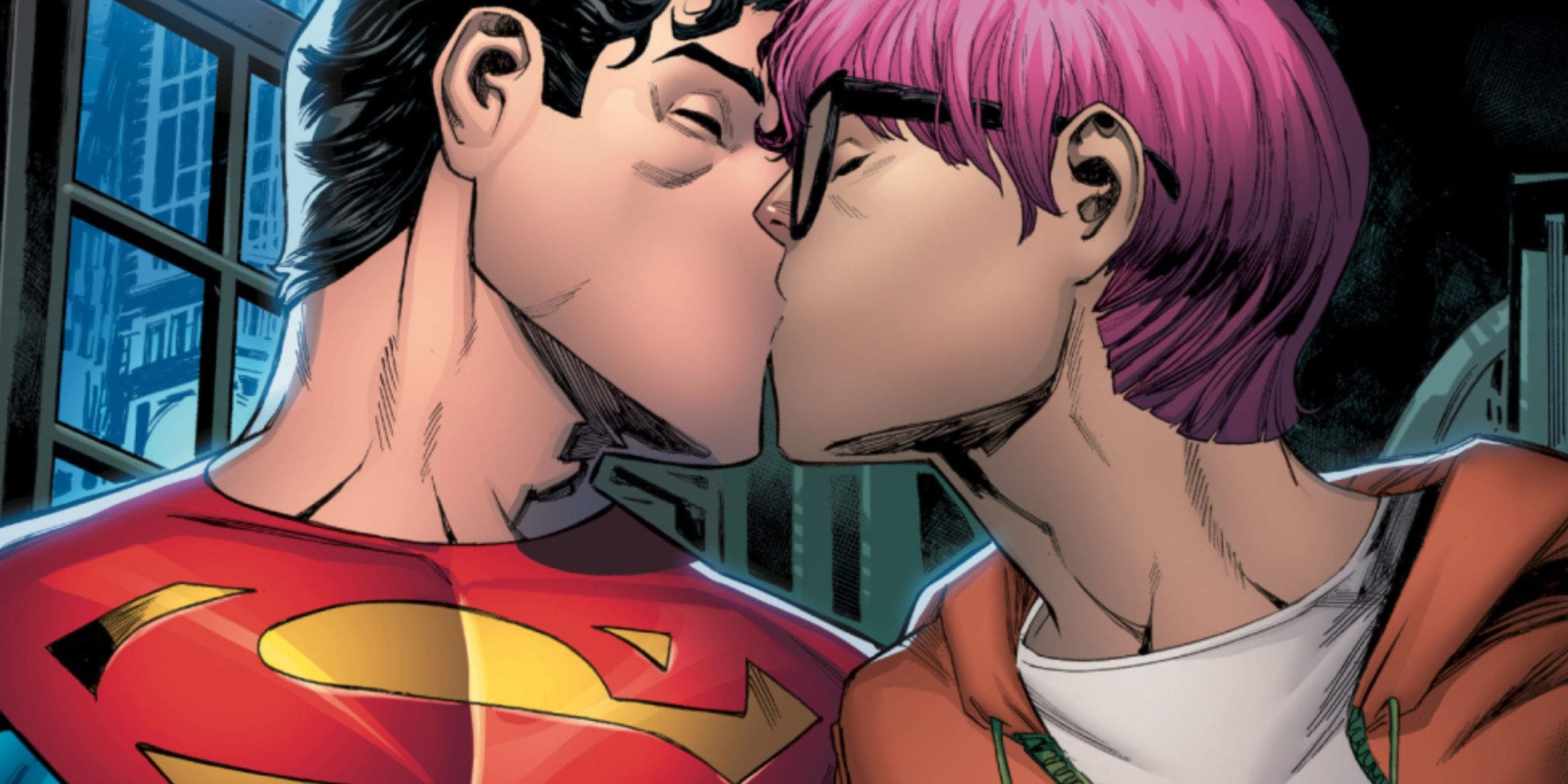 Superman (Jonathan Kent) kissing his boyfriend, Jay Nakamura.