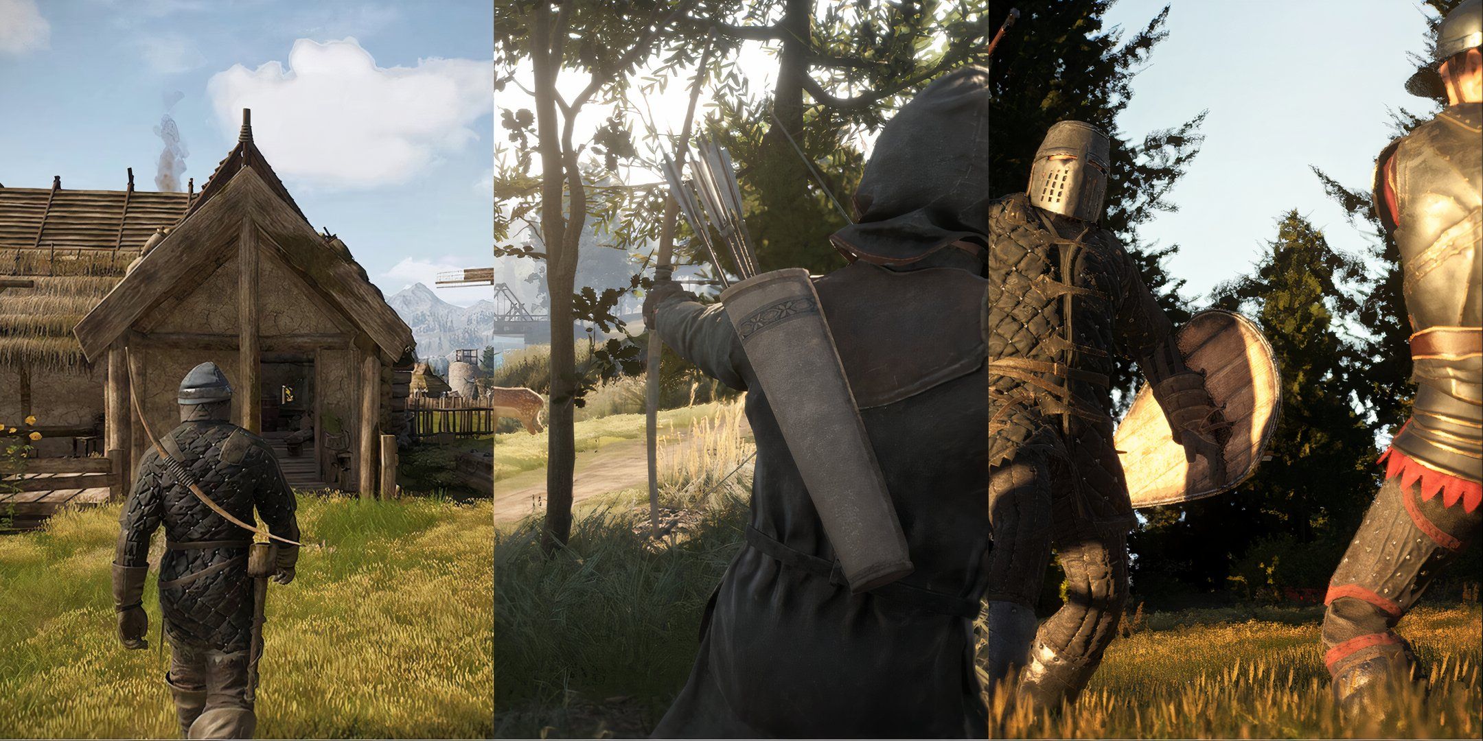 Archer walking left, pulling a bow middle, a battle on the right