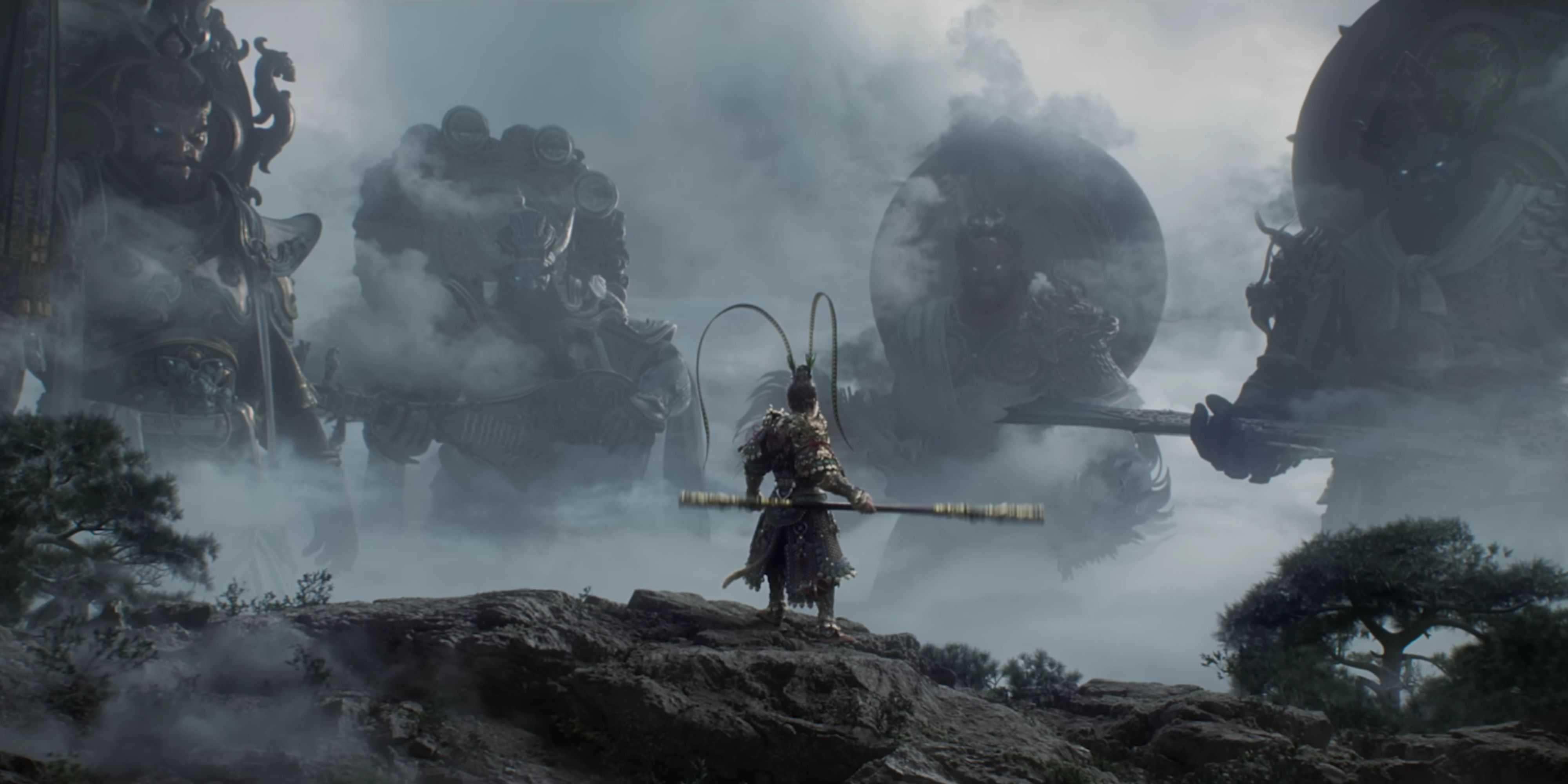 black myth wukong's protagonist facing off against four giant enemies