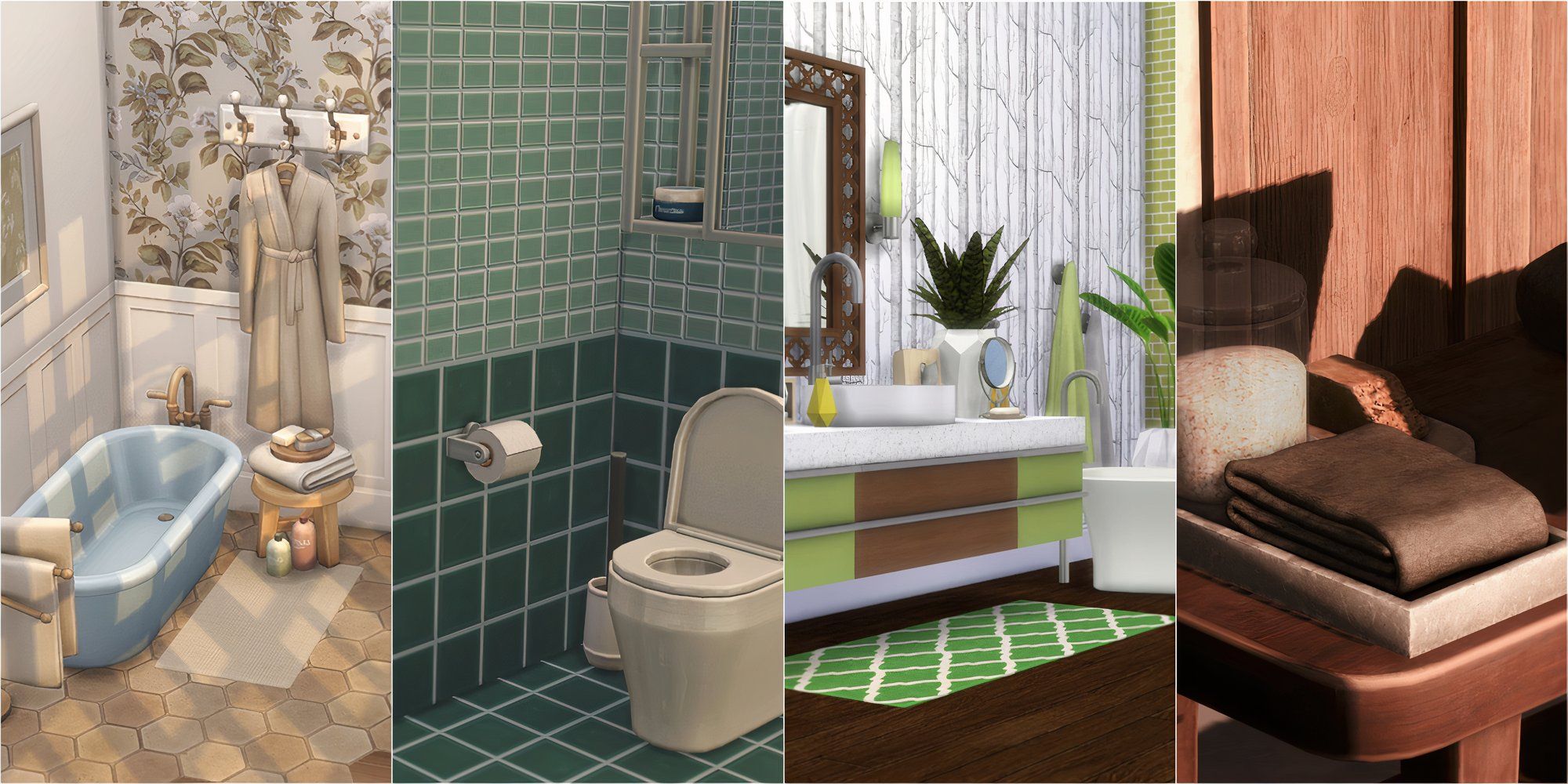 Feature image collage of different bathroom related custom content for The Sims 4