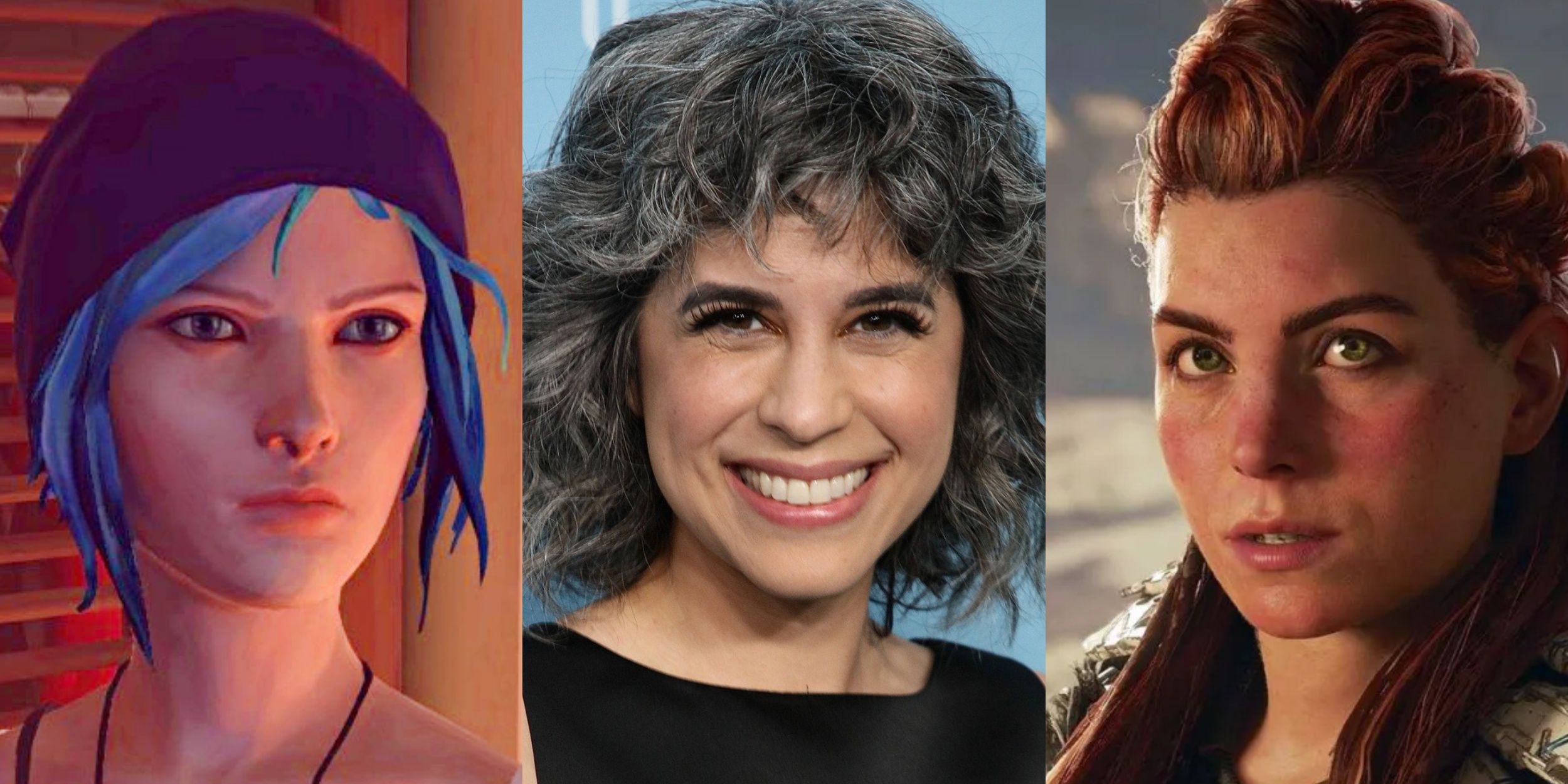 A collage from left to right of Chloe Price from Life Is Strange, voice actor Ashly Burch and Aloy from Horizon.