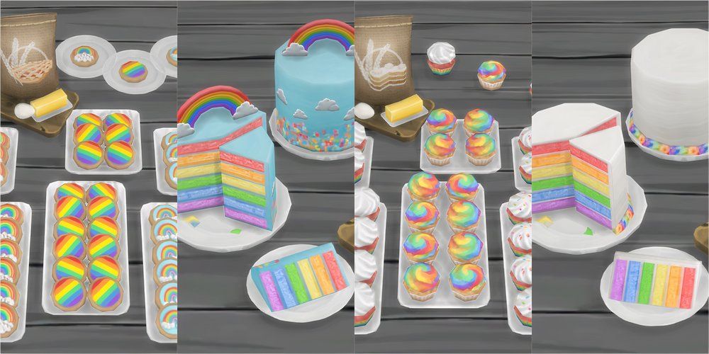A collage showing different rainbow themed custom desserts in The Sims 4