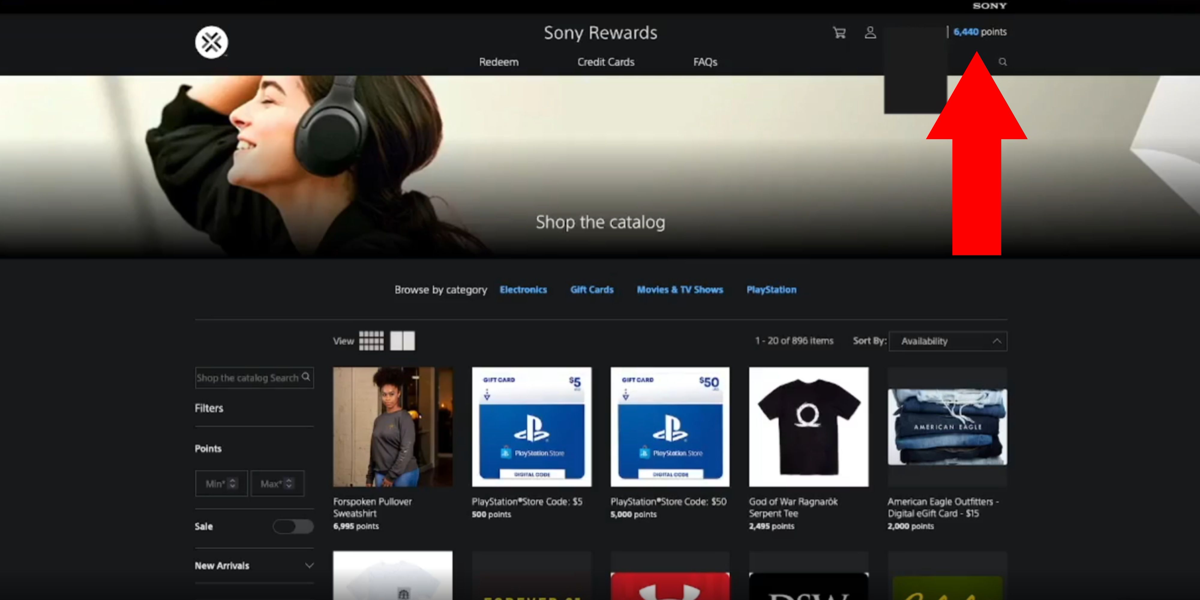 sony rewards store with balance in top corner