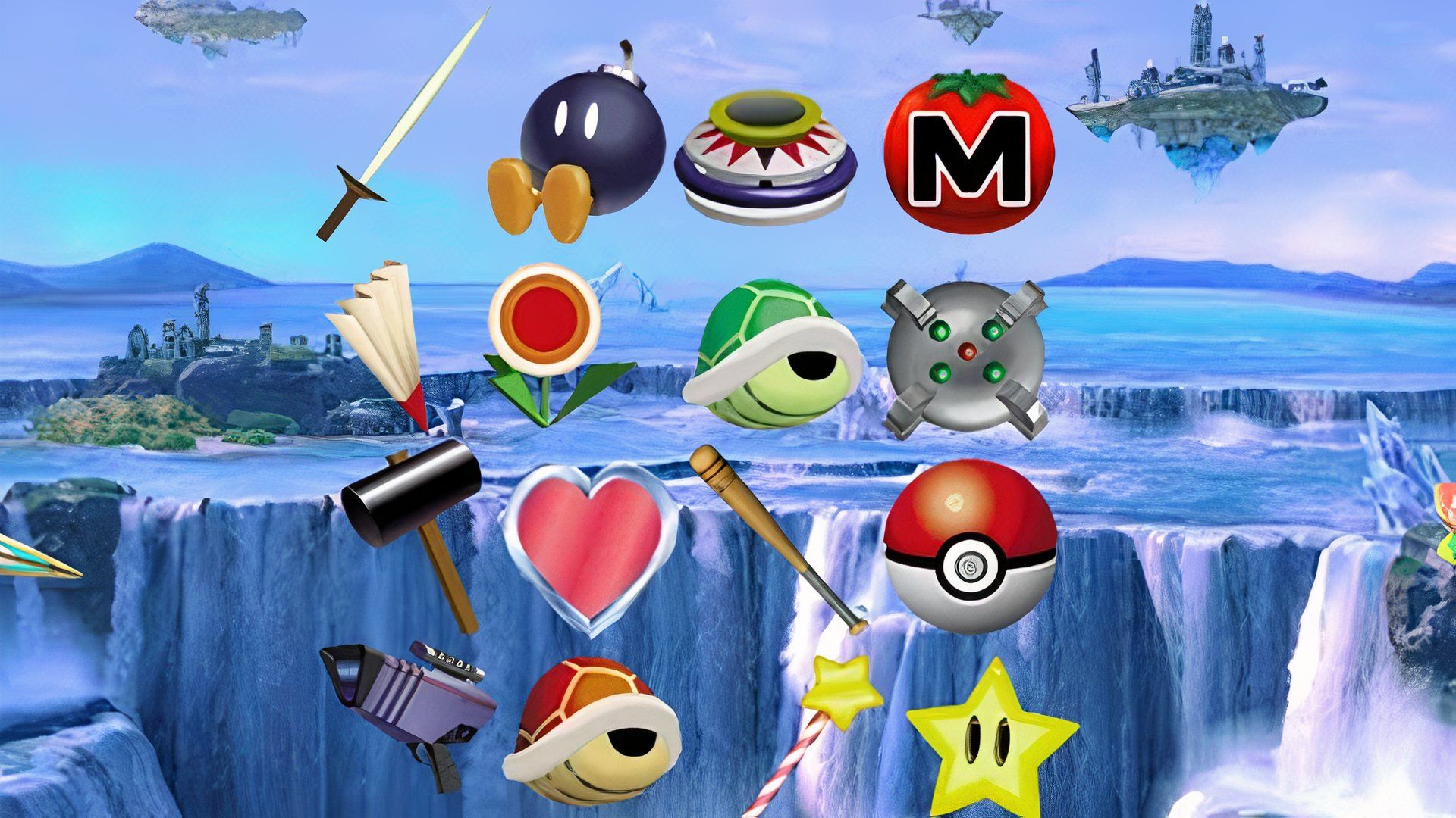 Super Smash Bros Item Challenges  with a Smash background and several different item types together from Super Smash Bros Ultimate