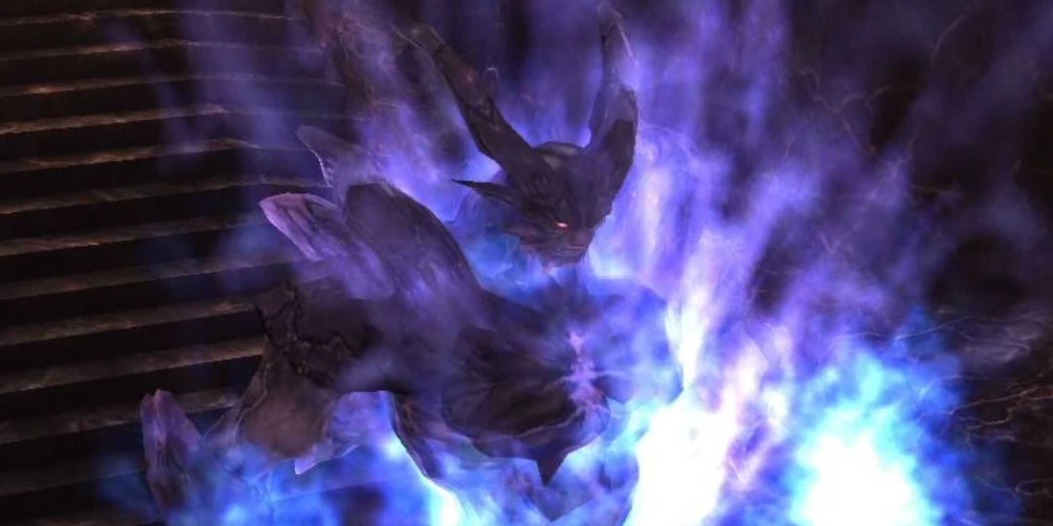 An in game screenshot of the Shadow Lord from Final Fantasy 11, wreathed in blue flames.