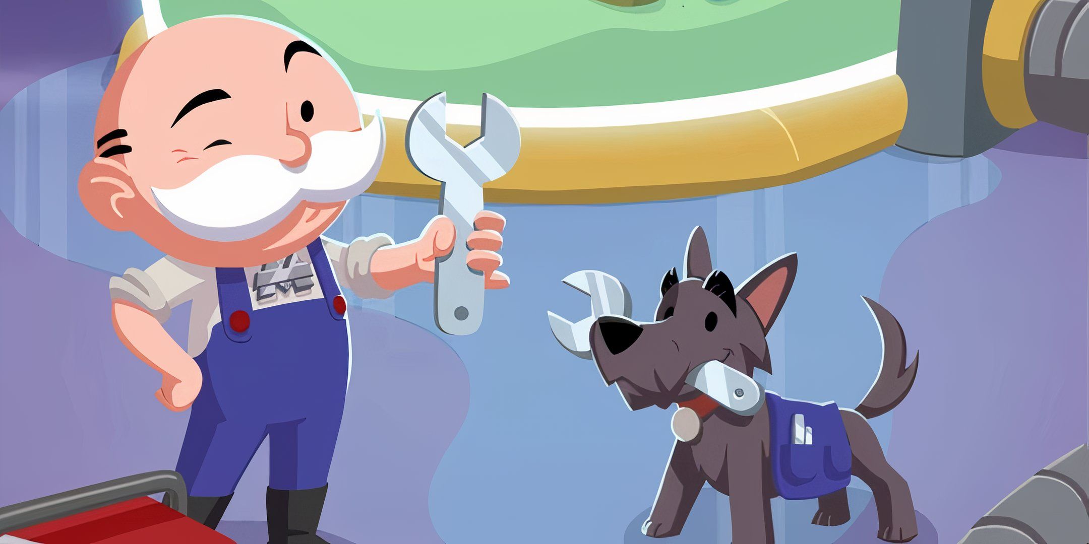 Mr. Monopoly holding a tool with his dog also holding one in its mouth in Monopoly Go.