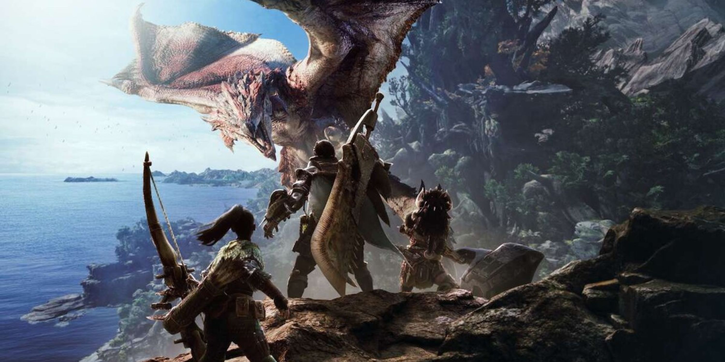 A group of hunters look at a Rathalos in flight in Monster Hunter World.