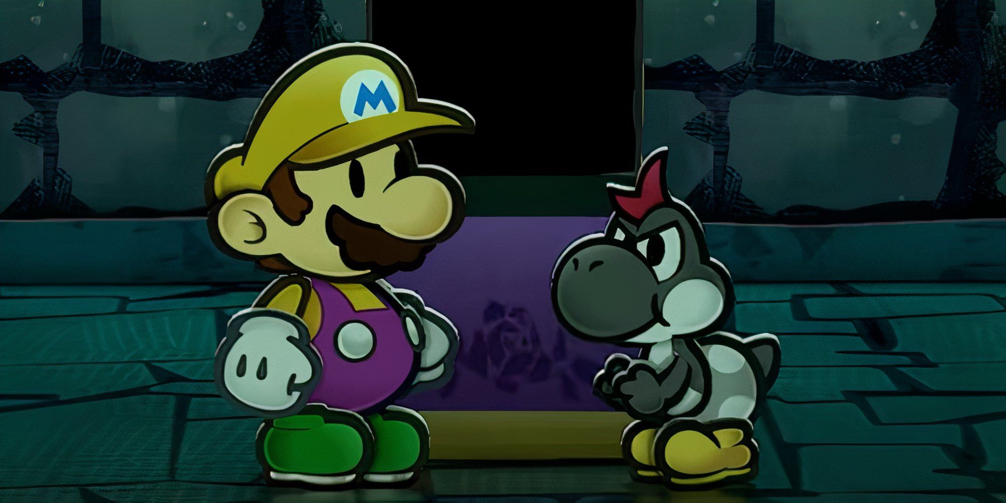 Paper Mario: the Thousand-Year Door screenshot of Mario dressed as Wario, while a black Yoshi looks on.