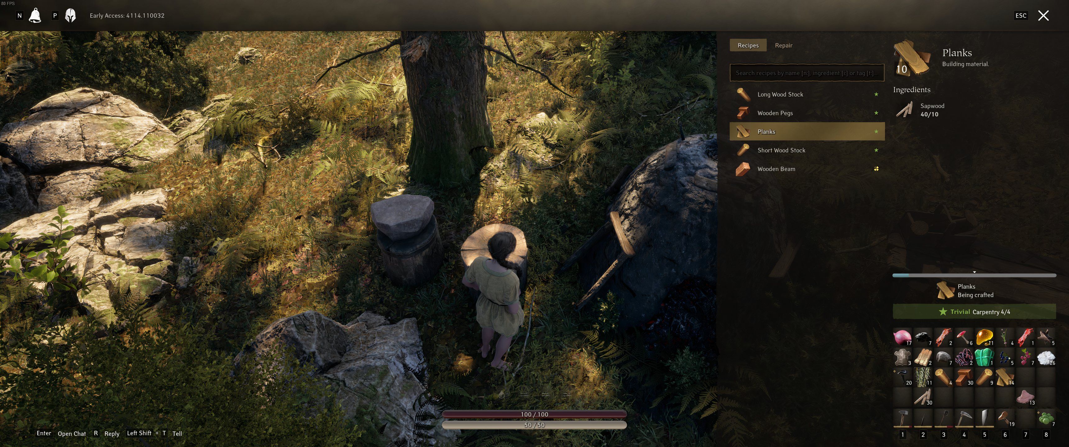 Pax Dei: An image of the player crafting wooden planks at the Wood Chopping Block, indicating the difficulty level and progress bar in the bottom right