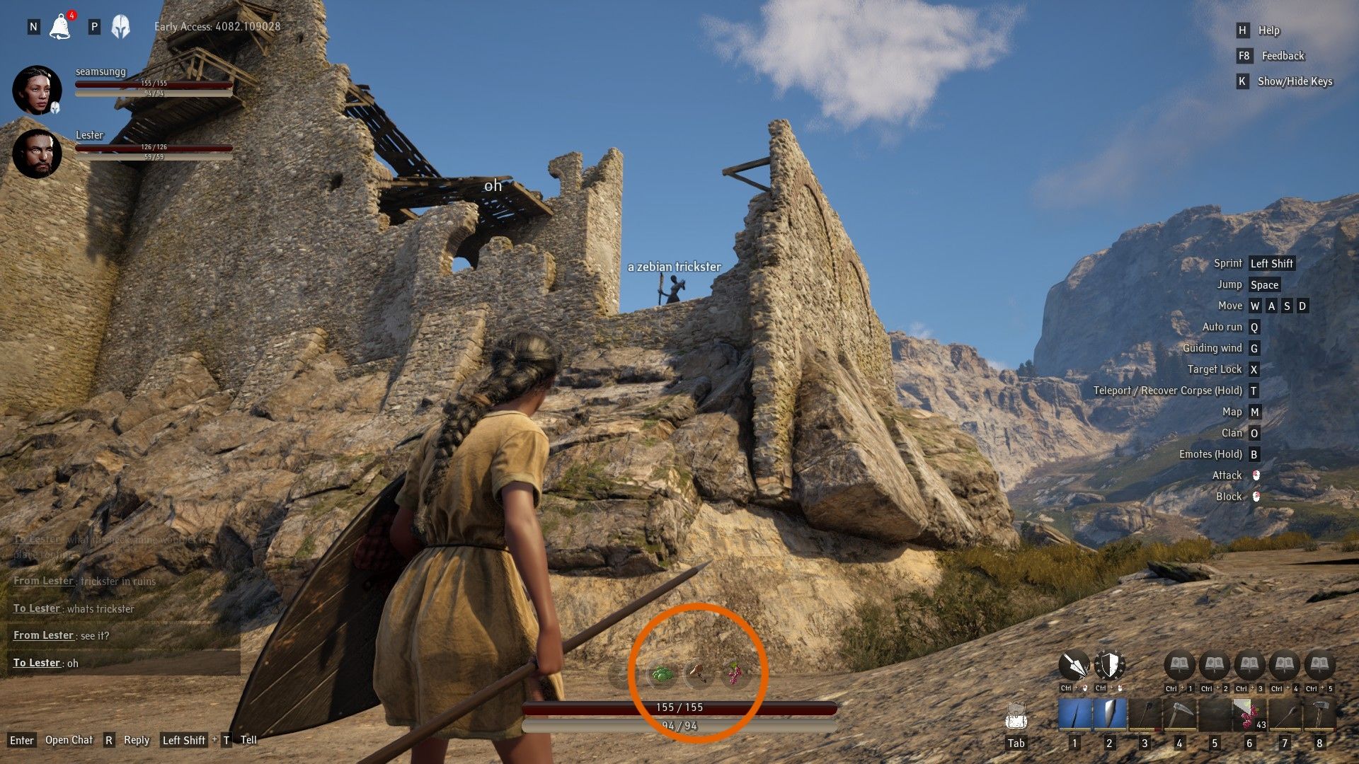 Pax Dei, player near ruins looking at zebian trickster