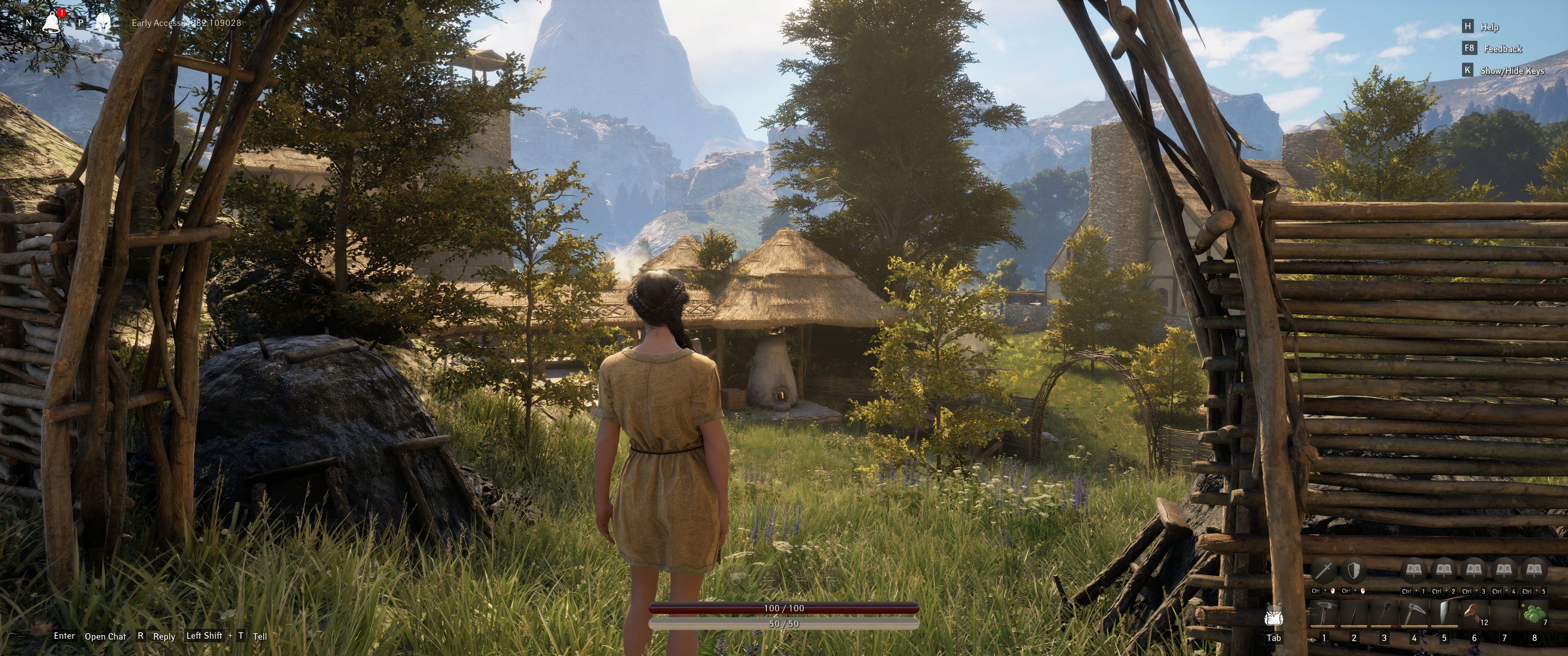 Pax Dei: the player looks at a farmstead with wooden fences
