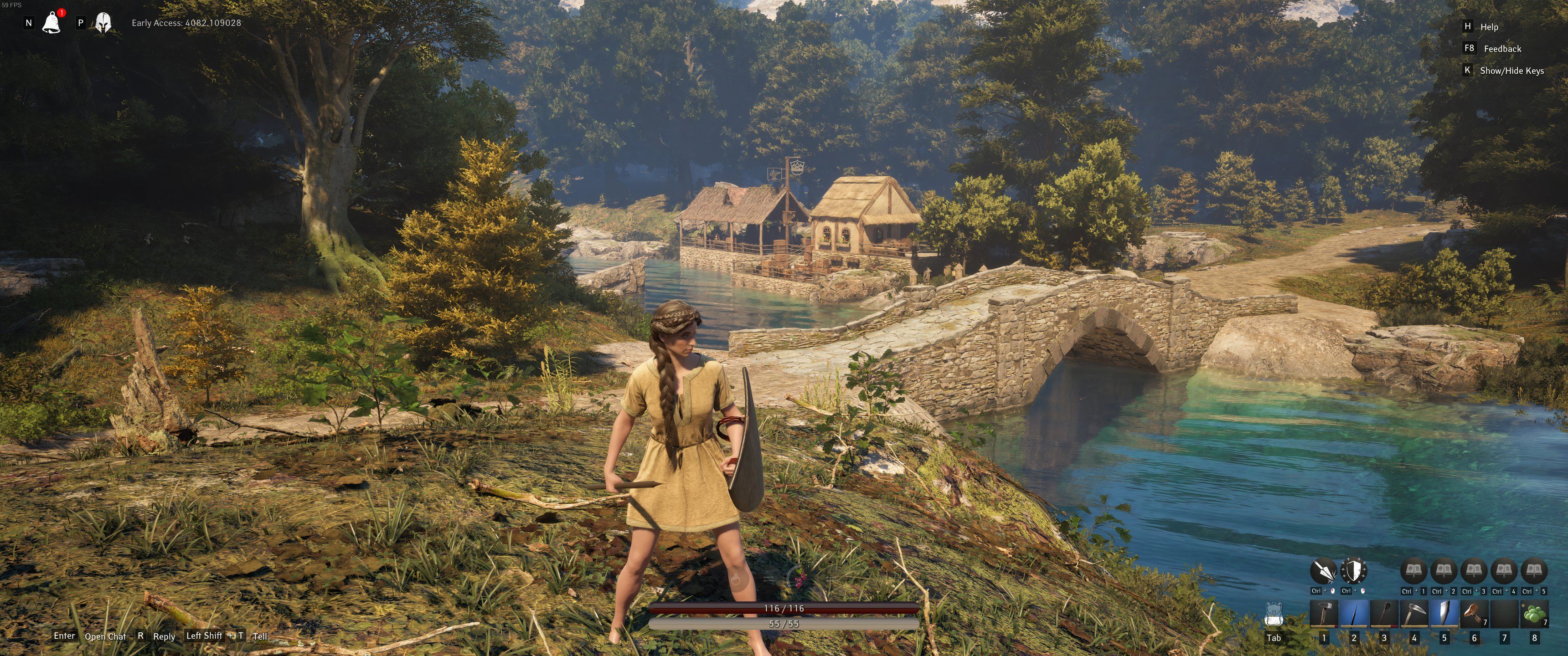 Pax Dei: The player looks at a river, standing next to a cluster of reeds
