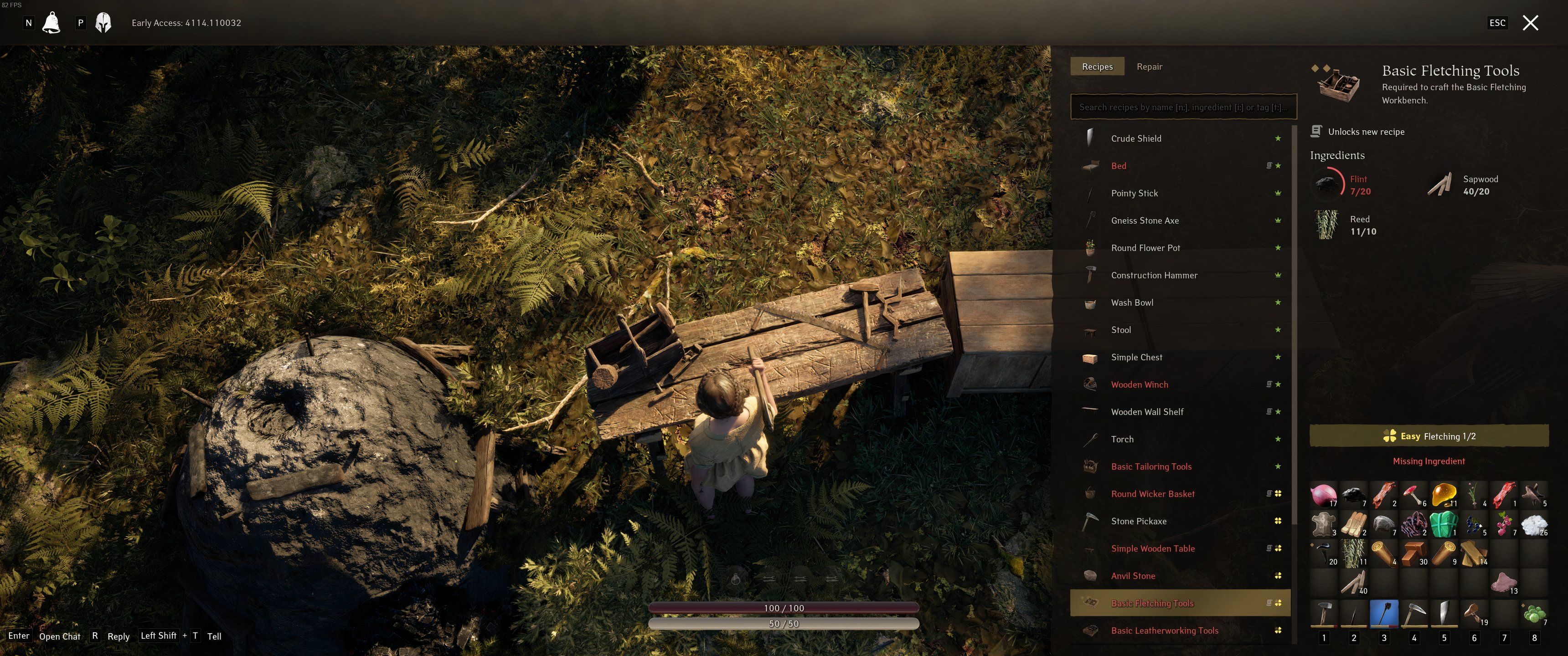 Pax Dei: The player peruses the crafting menu at the Basic Carpenter&rsquo;s Workbench